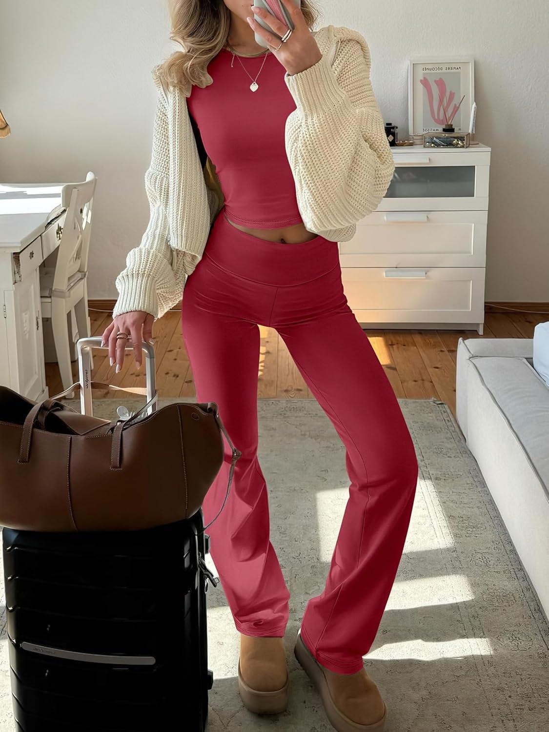 imageANRABESS Women 2 Piece Outfits Fall Lounge Sets Long Sleeve Cropped Top Fold Over Flare Pants Comfy Pajamas Set Y2K ClothesPlain Red