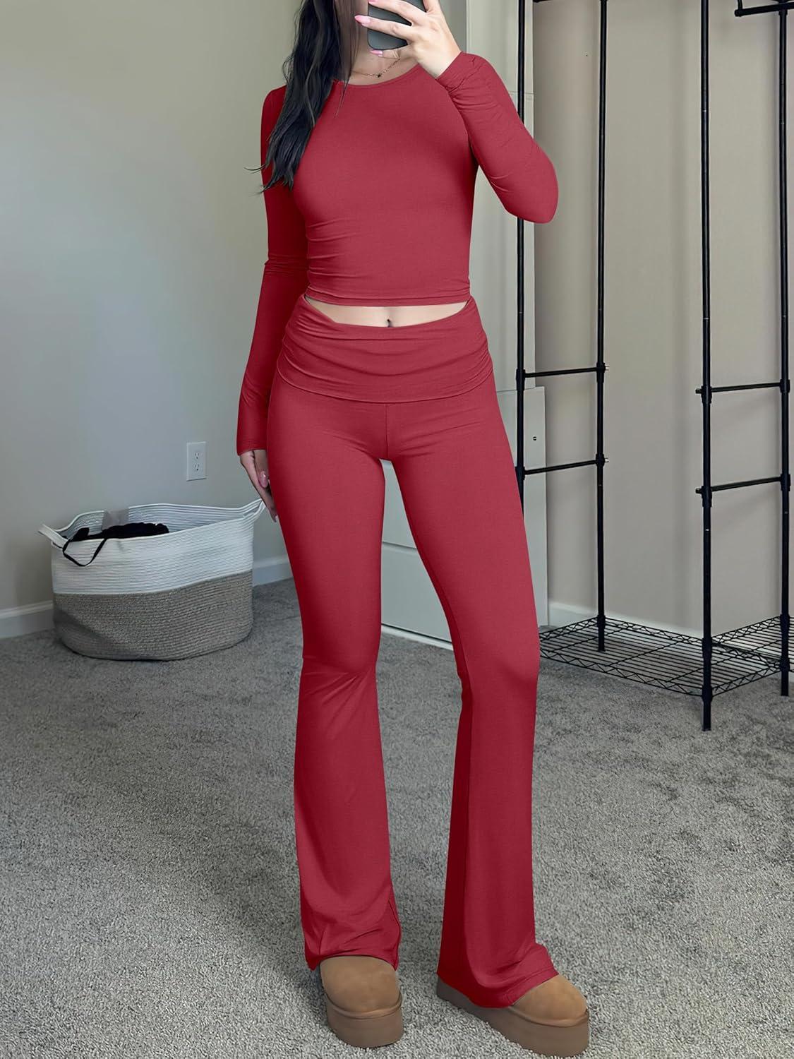 imageANRABESS Women 2 Piece Outfits Fall Lounge Sets Long Sleeve Cropped Top Fold Over Flare Pants Comfy Pajamas Set Y2K ClothesPlain Red
