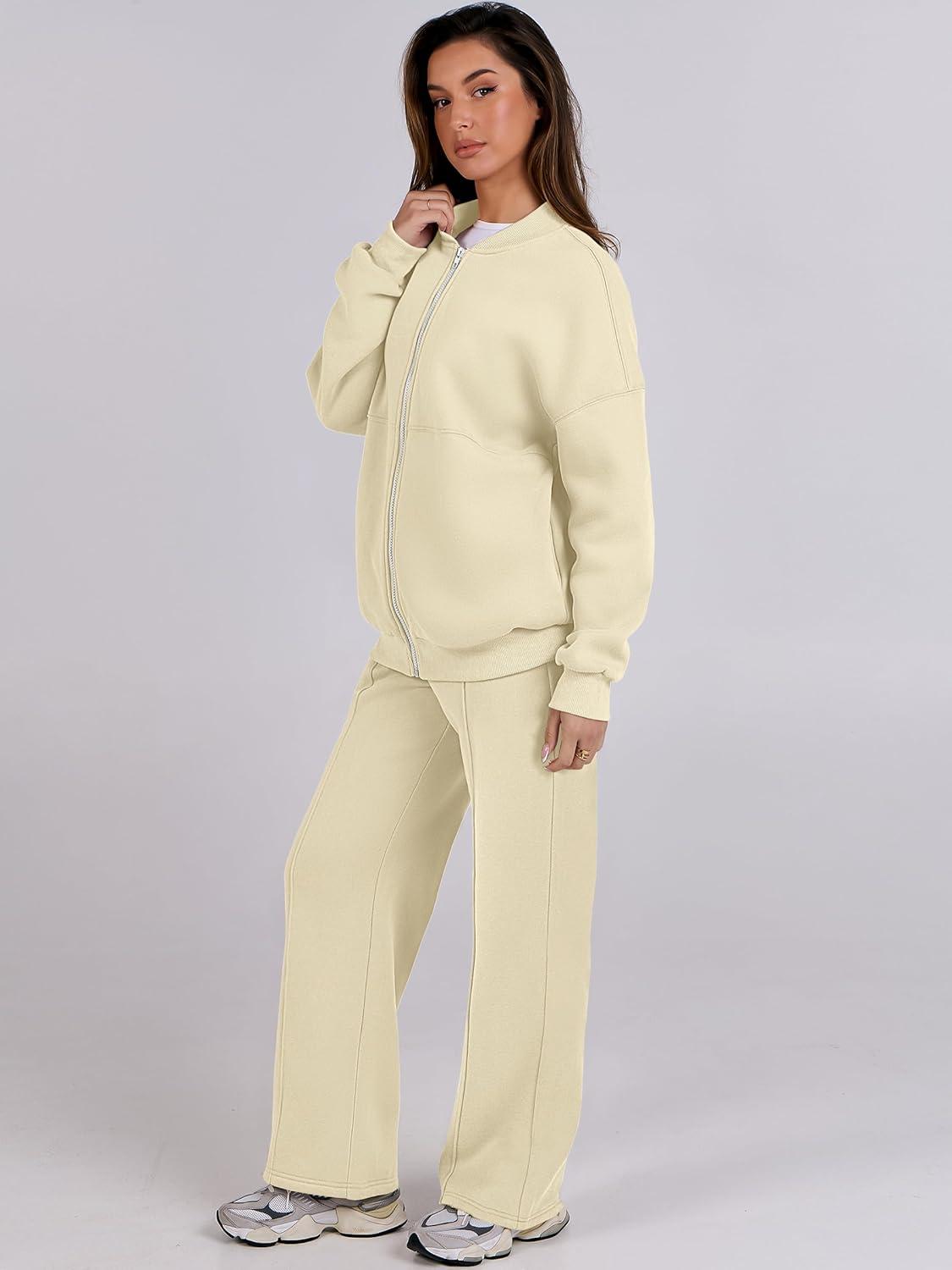 imageANRABESS Women 2 Piece Outfits Lounge Set Oversized Zip Up Sweatshirt Jacket Sweatpant Matching Sweat Sets Winter SweatsuitsApricot