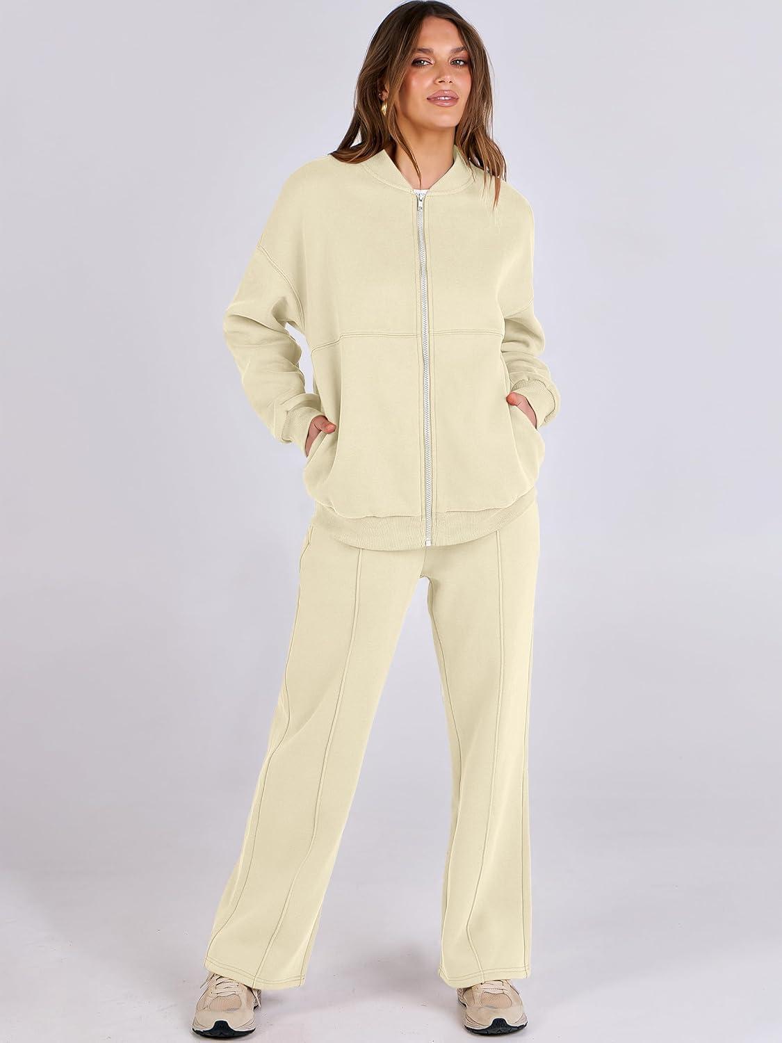 imageANRABESS Women 2 Piece Outfits Lounge Set Oversized Zip Up Sweatshirt Jacket Sweatpant Matching Sweat Sets Winter SweatsuitsApricot