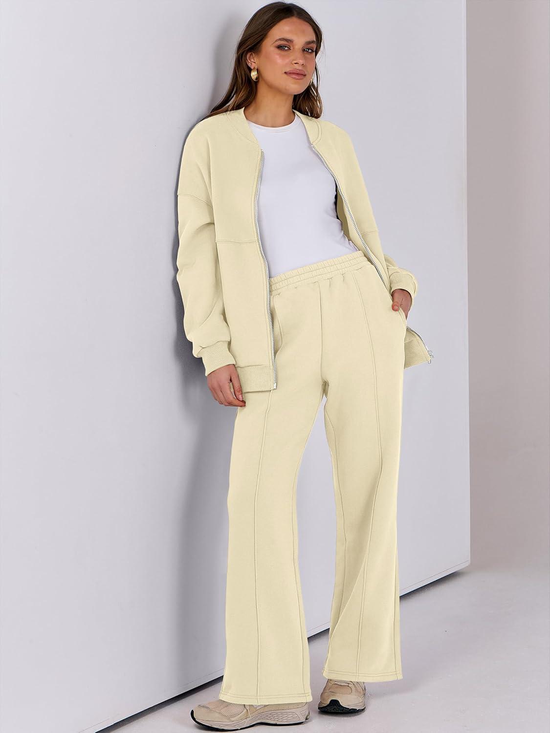 imageANRABESS Women 2 Piece Outfits Lounge Set Oversized Zip Up Sweatshirt Jacket Sweatpant Matching Sweat Sets Winter SweatsuitsApricot