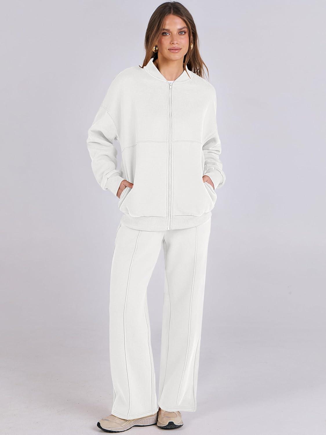 imageANRABESS Women 2 Piece Outfits Lounge Set Oversized Zip Up Sweatshirt Jacket Sweatpant Matching Sweat Sets Winter SweatsuitsWhite
