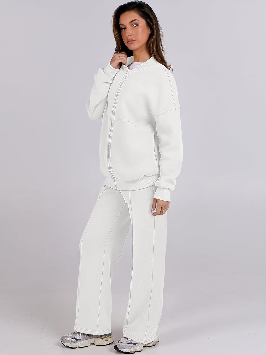 imageANRABESS Women 2 Piece Outfits Lounge Set Oversized Zip Up Sweatshirt Jacket Sweatpant Matching Sweat Sets Winter SweatsuitsWhite