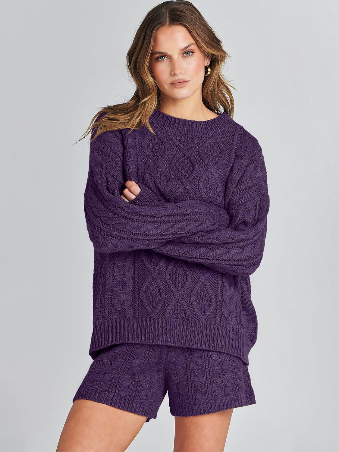 imageANRABESS Women 2 Piece Outfits Sweater Lounge Loungewear Sets 2025 Winter Cable Knit Oversized Sweaters Shorts Matching SetsPurple