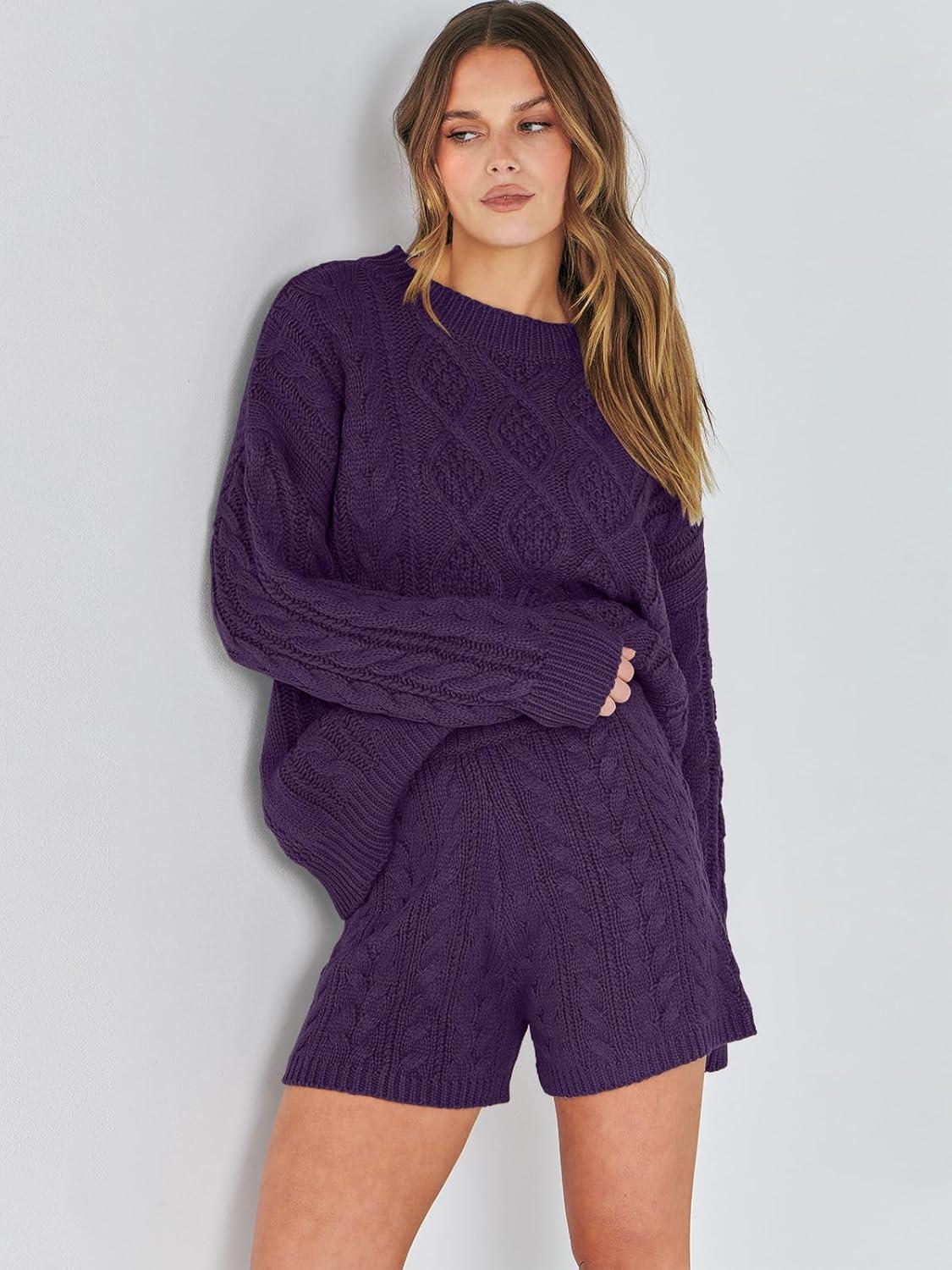 imageANRABESS Women 2 Piece Outfits Sweater Lounge Loungewear Sets 2025 Winter Cable Knit Oversized Sweaters Shorts Matching SetsPurple