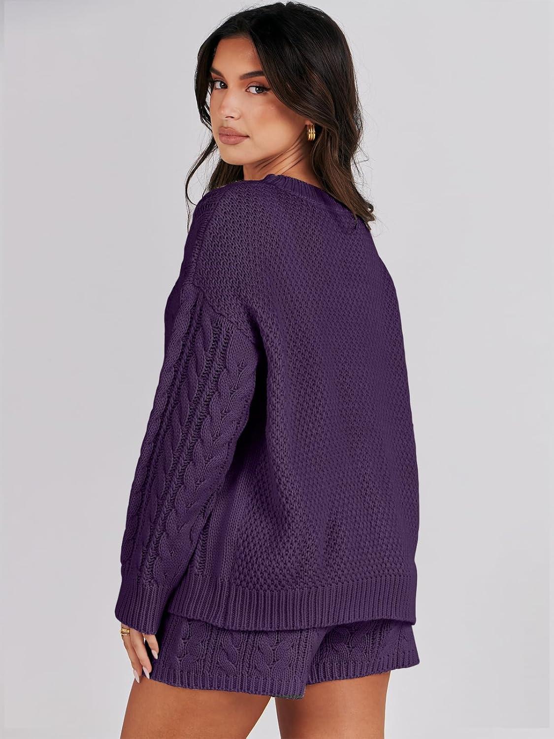 imageANRABESS Women 2 Piece Outfits Sweater Lounge Loungewear Sets 2025 Winter Cable Knit Oversized Sweaters Shorts Matching SetsPurple