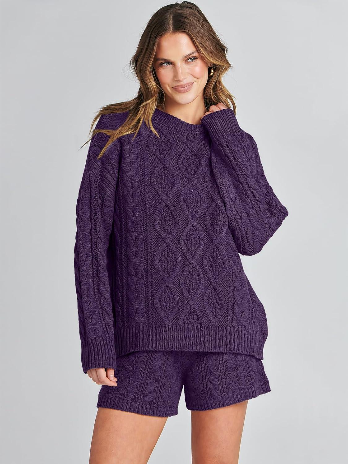 imageANRABESS Women 2 Piece Outfits Sweater Lounge Loungewear Sets 2025 Winter Cable Knit Oversized Sweaters Shorts Matching SetsPurple