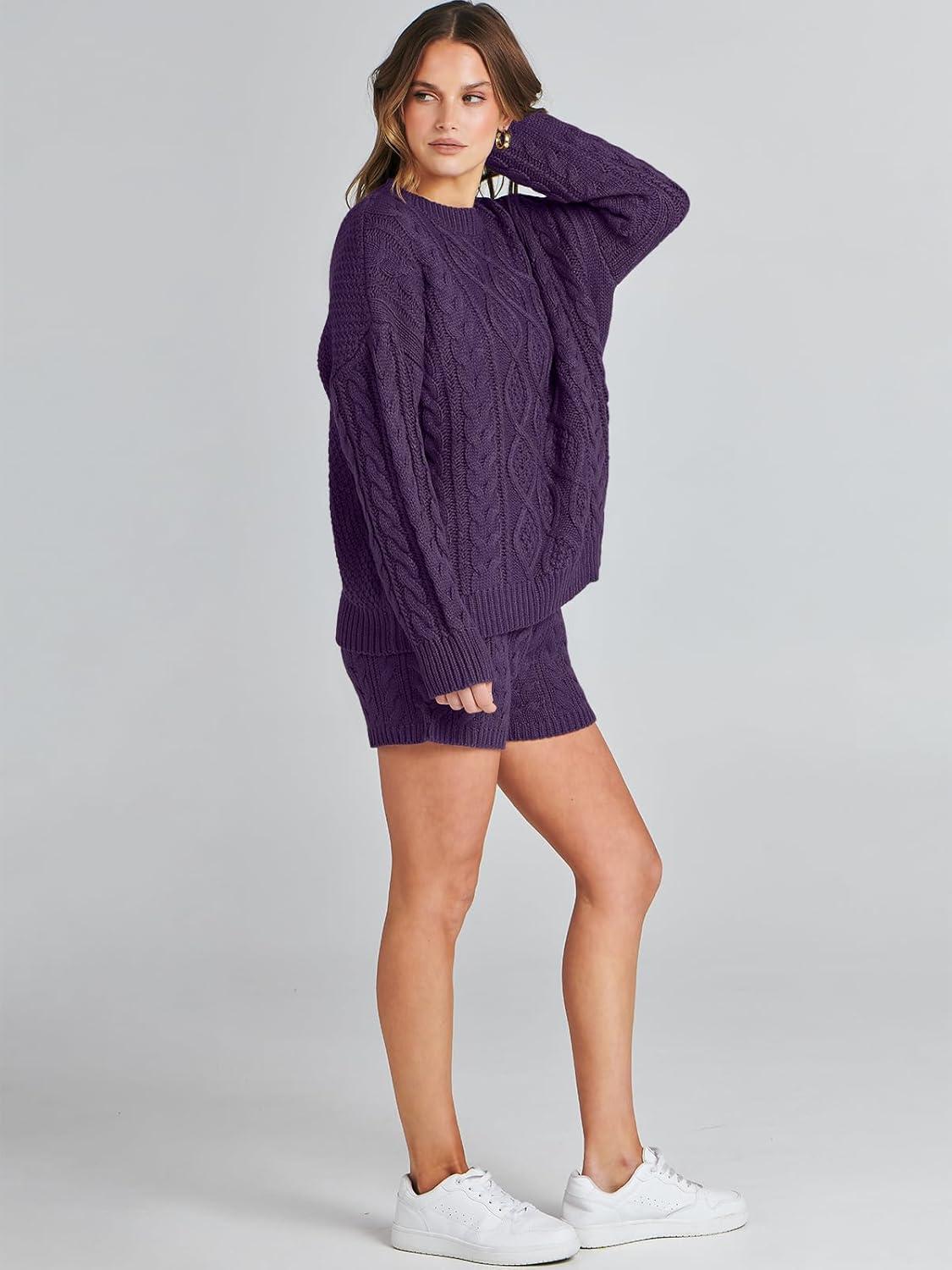 imageANRABESS Women 2 Piece Outfits Sweater Lounge Loungewear Sets 2025 Winter Cable Knit Oversized Sweaters Shorts Matching SetsPurple