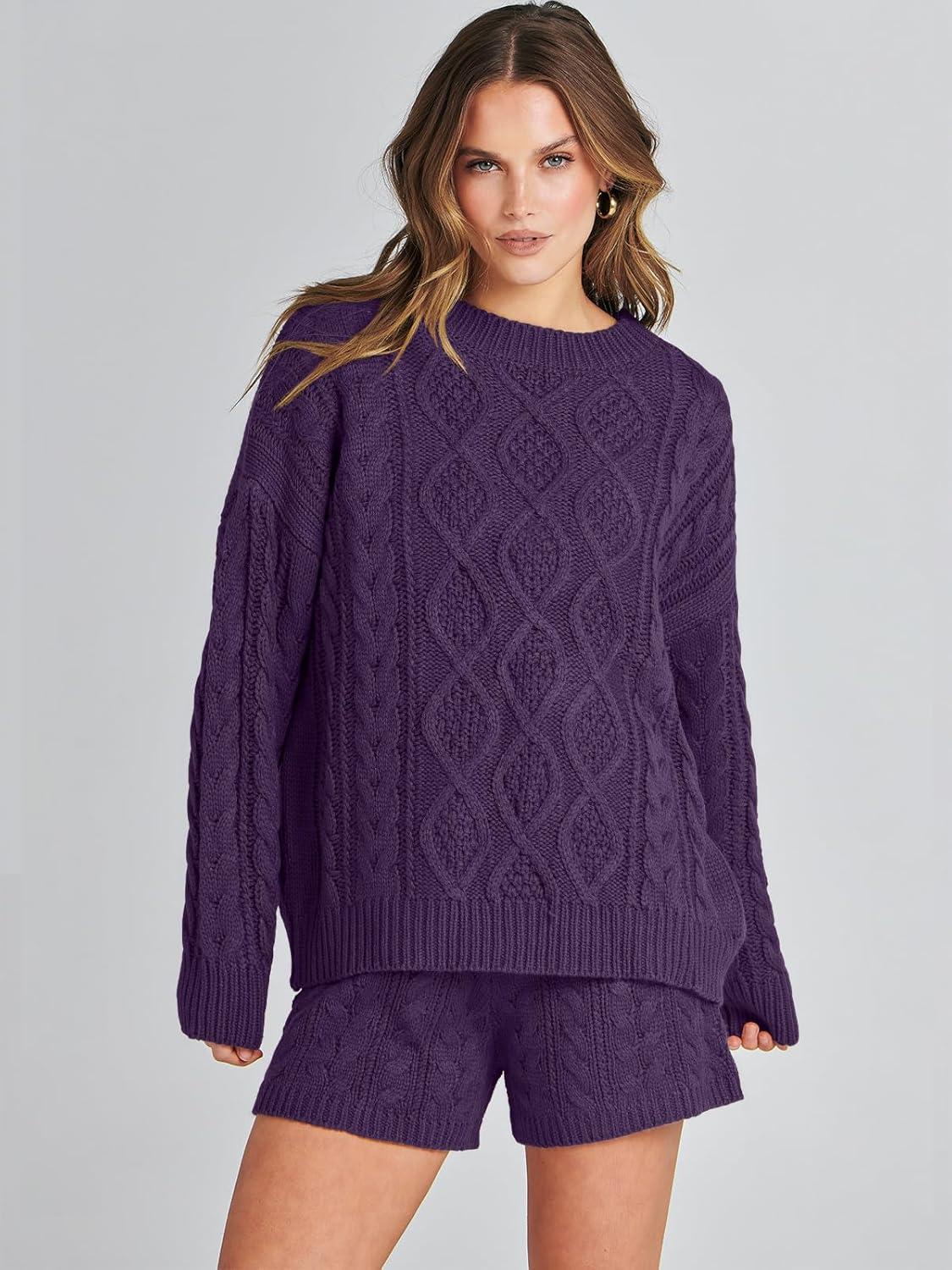 imageANRABESS Women 2 Piece Outfits Sweater Lounge Loungewear Sets 2025 Winter Cable Knit Oversized Sweaters Shorts Matching SetsPurple