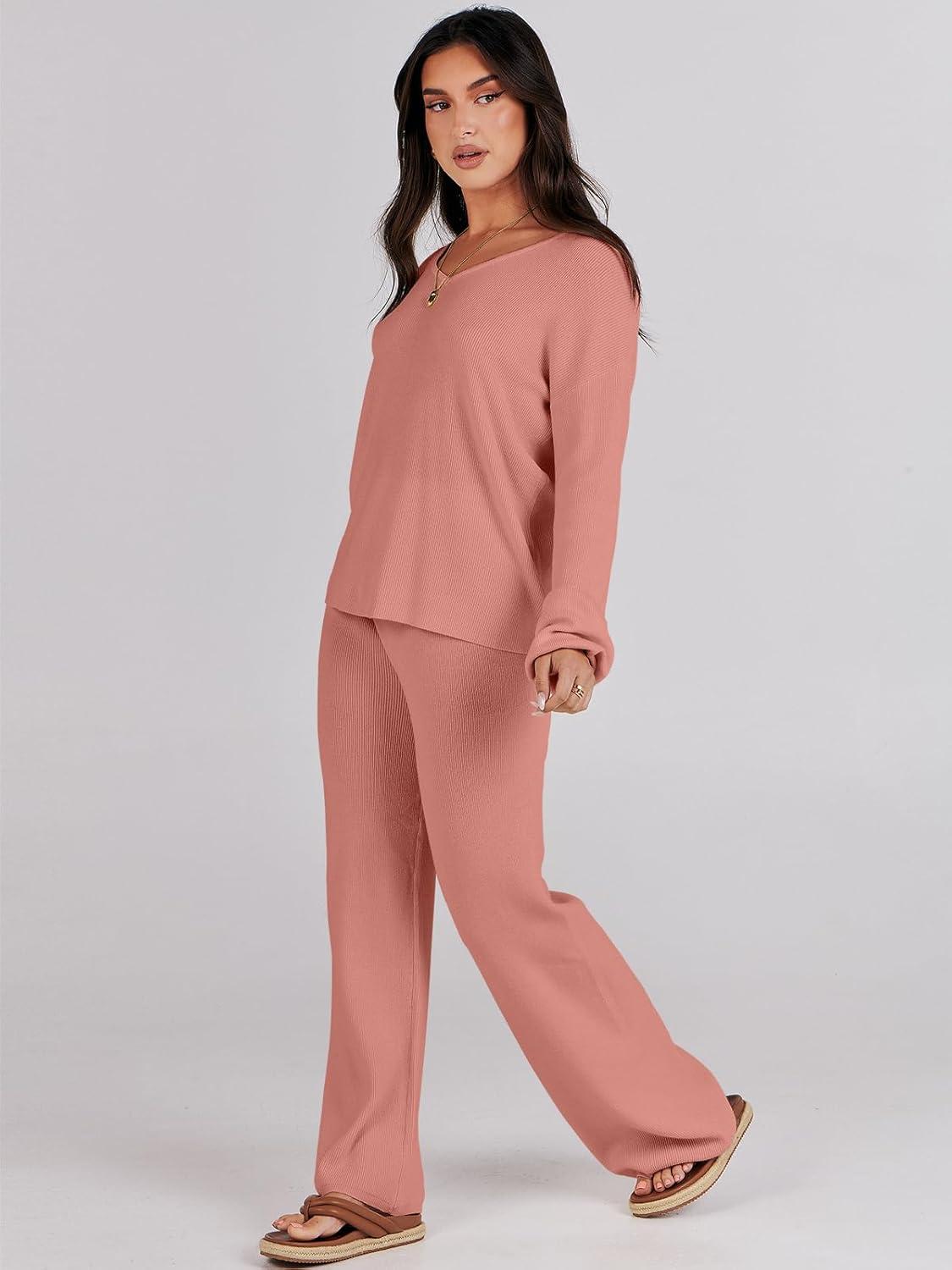 imageANRABESS Women 2 Piece Outfits Sweater Lounge Sets Long Sleeve Cable Knit Pullover and Wide Leg Pants Tracksuit Matching SetRust