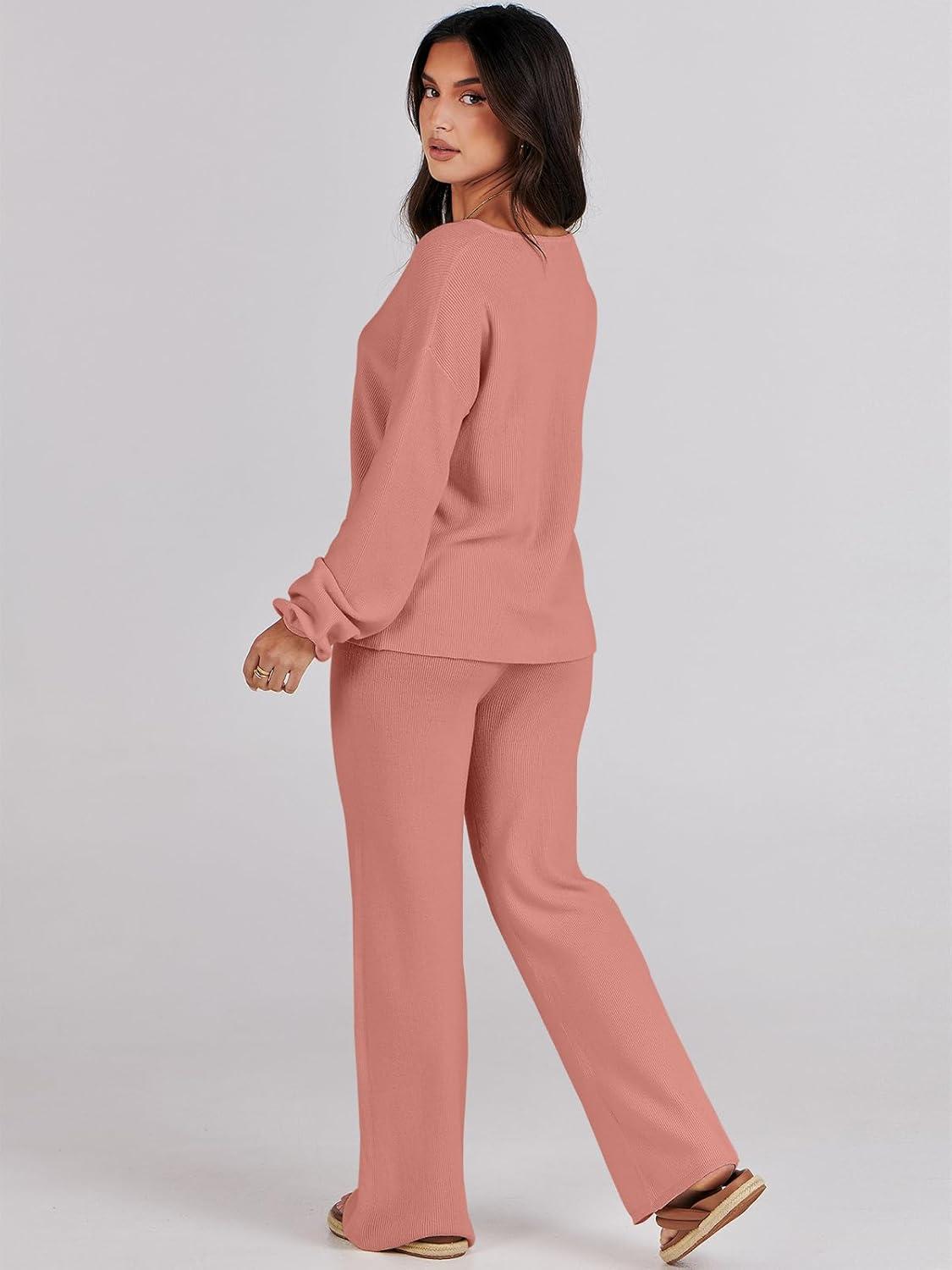 imageANRABESS Women 2 Piece Outfits Sweater Lounge Sets Long Sleeve Cable Knit Pullover and Wide Leg Pants Tracksuit Matching SetRust