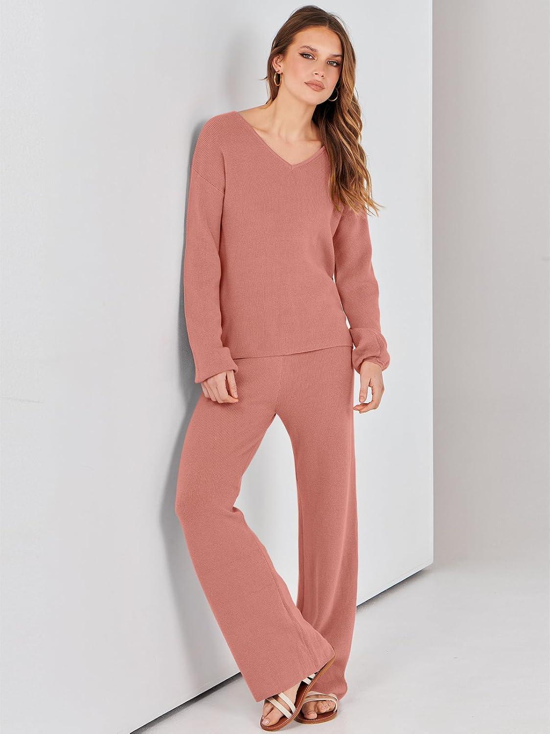 imageANRABESS Women 2 Piece Outfits Sweater Lounge Sets Long Sleeve Cable Knit Pullover and Wide Leg Pants Tracksuit Matching SetRust