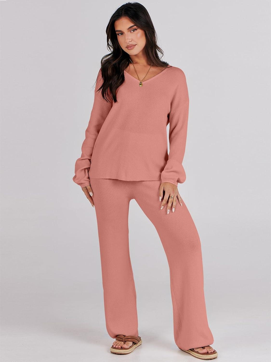 imageANRABESS Women 2 Piece Outfits Sweater Lounge Sets Long Sleeve Cable Knit Pullover and Wide Leg Pants Tracksuit Matching SetRust