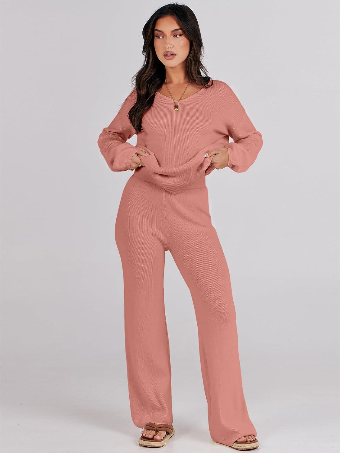 imageANRABESS Women 2 Piece Outfits Sweater Lounge Sets Long Sleeve Cable Knit Pullover and Wide Leg Pants Tracksuit Matching SetRust