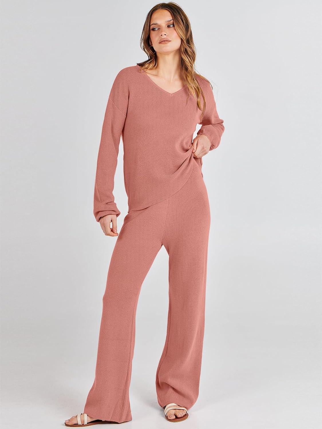 imageANRABESS Women 2 Piece Outfits Sweater Lounge Sets Long Sleeve Cable Knit Pullover and Wide Leg Pants Tracksuit Matching SetRust