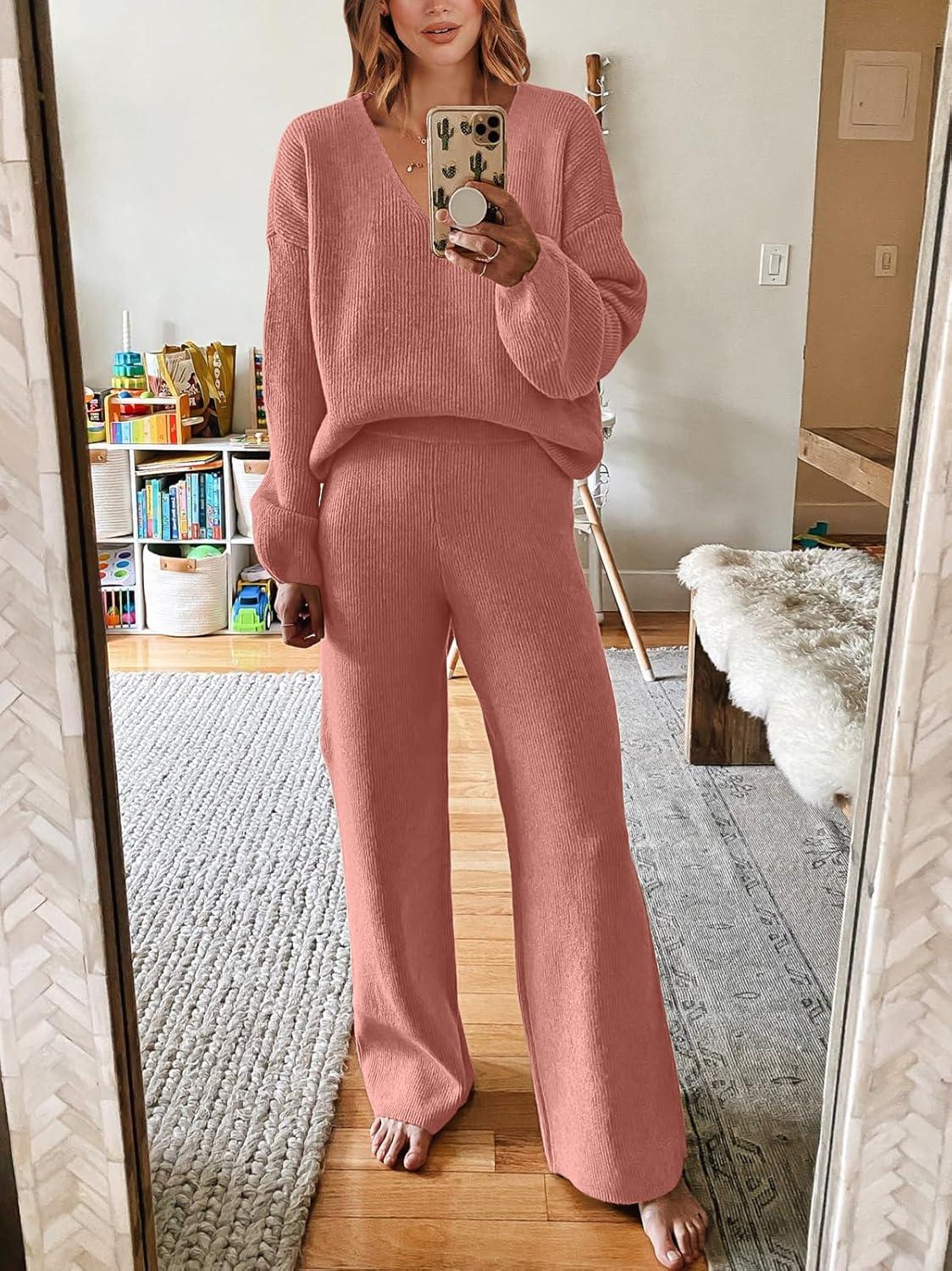 imageANRABESS Women 2 Piece Outfits Sweater Lounge Sets Long Sleeve Cable Knit Pullover and Wide Leg Pants Tracksuit Matching SetRust