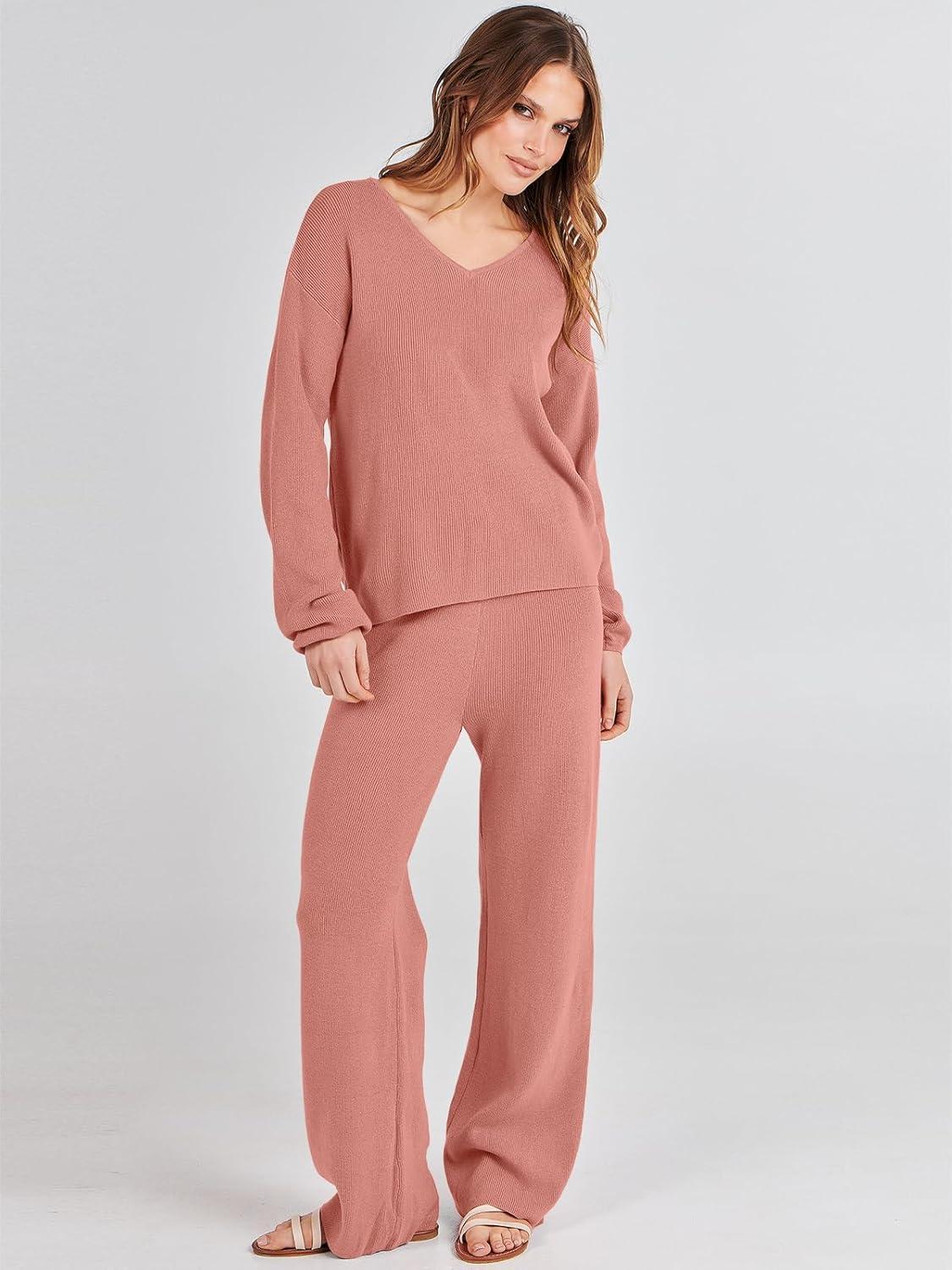 imageANRABESS Women 2 Piece Outfits Sweater Lounge Sets Long Sleeve Cable Knit Pullover and Wide Leg Pants Tracksuit Matching SetRust