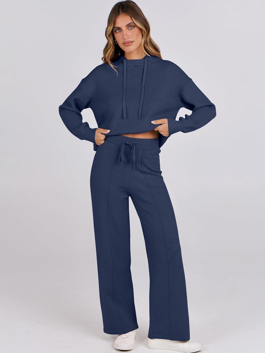 imageANRABESS Women 2 Piece Outfits Sweater Sets Loose Long Sleeve Hoodies Knit Pullover Wide Leg Pants 2025 Fall Lounge SweatsuitDeep Blue