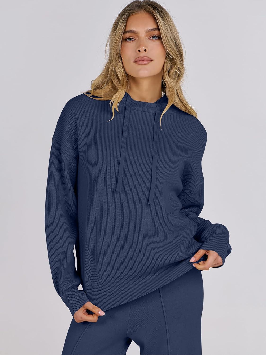 imageANRABESS Women 2 Piece Outfits Sweater Sets Loose Long Sleeve Hoodies Knit Pullover Wide Leg Pants 2025 Fall Lounge SweatsuitDeep Blue