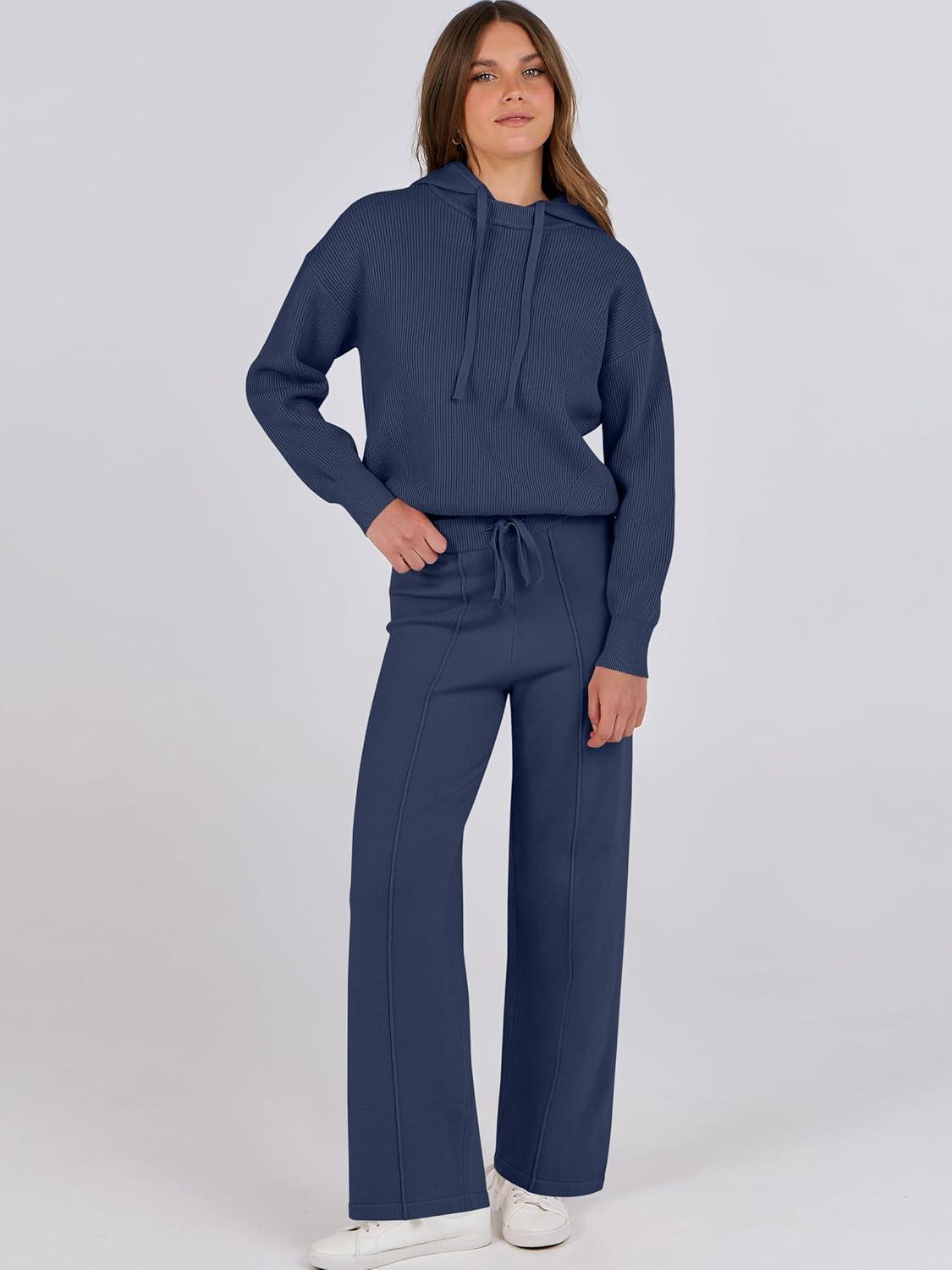 imageANRABESS Women 2 Piece Outfits Sweater Sets Loose Long Sleeve Hoodies Knit Pullover Wide Leg Pants 2025 Fall Lounge SweatsuitDeep Blue