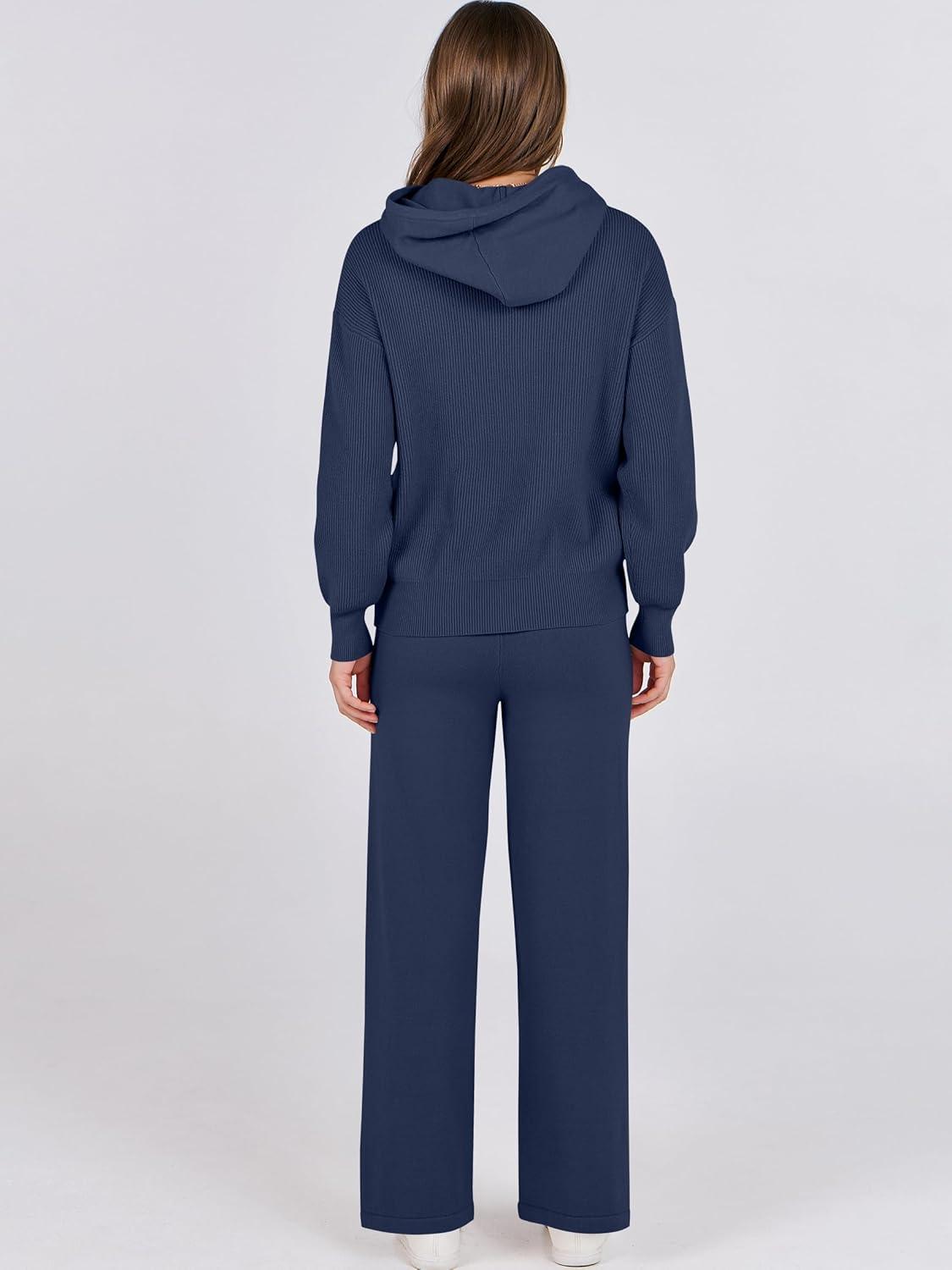 imageANRABESS Women 2 Piece Outfits Sweater Sets Loose Long Sleeve Hoodies Knit Pullover Wide Leg Pants 2025 Fall Lounge SweatsuitDeep Blue