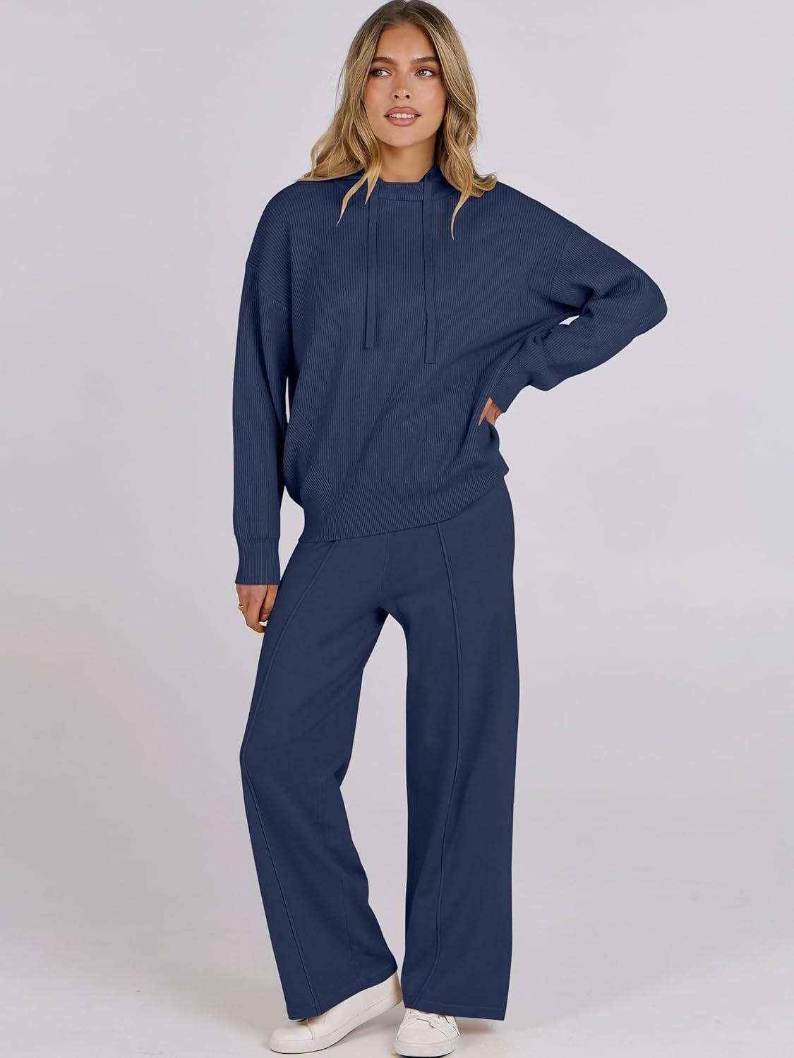 imageANRABESS Women 2 Piece Outfits Sweater Sets Loose Long Sleeve Hoodies Knit Pullover Wide Leg Pants 2025 Fall Lounge SweatsuitDeep Blue