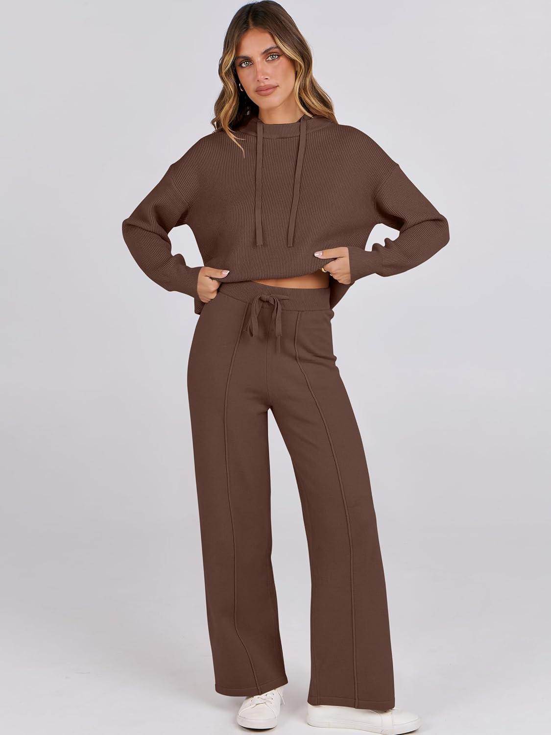 imageANRABESS Women 2 Piece Outfits Sweater Sets Loose Long Sleeve Hoodies Knit Pullover Wide Leg Pants 2025 Fall Lounge SweatsuitDeep Brown