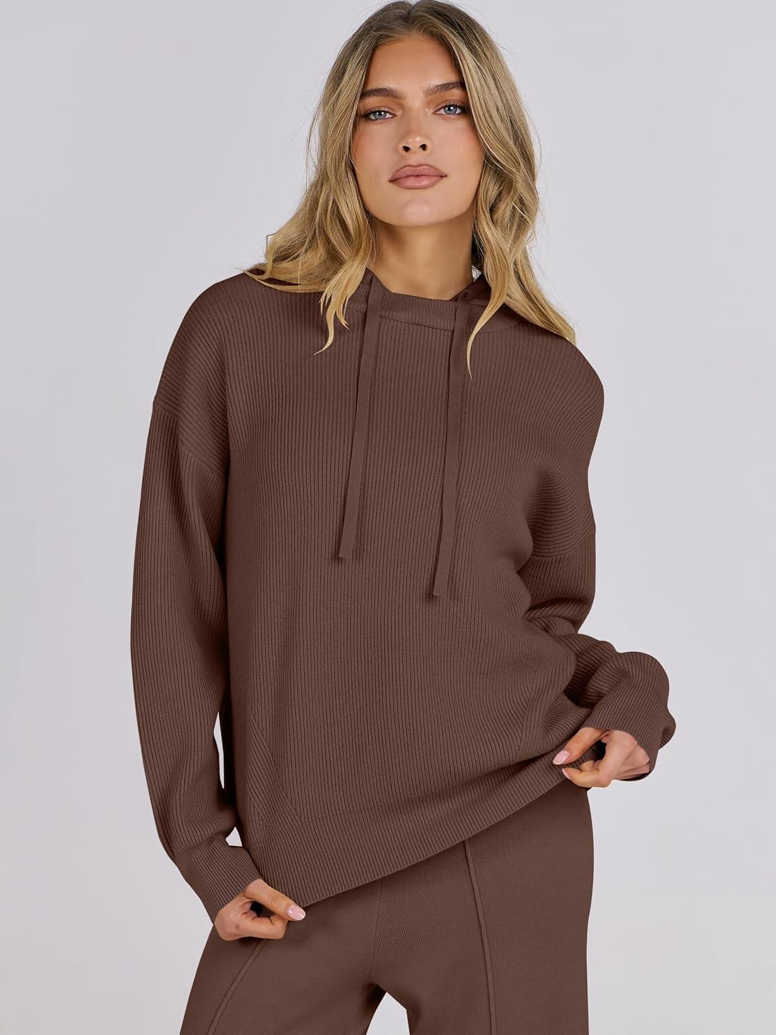 imageANRABESS Women 2 Piece Outfits Sweater Sets Loose Long Sleeve Hoodies Knit Pullover Wide Leg Pants 2025 Fall Lounge SweatsuitDeep Brown