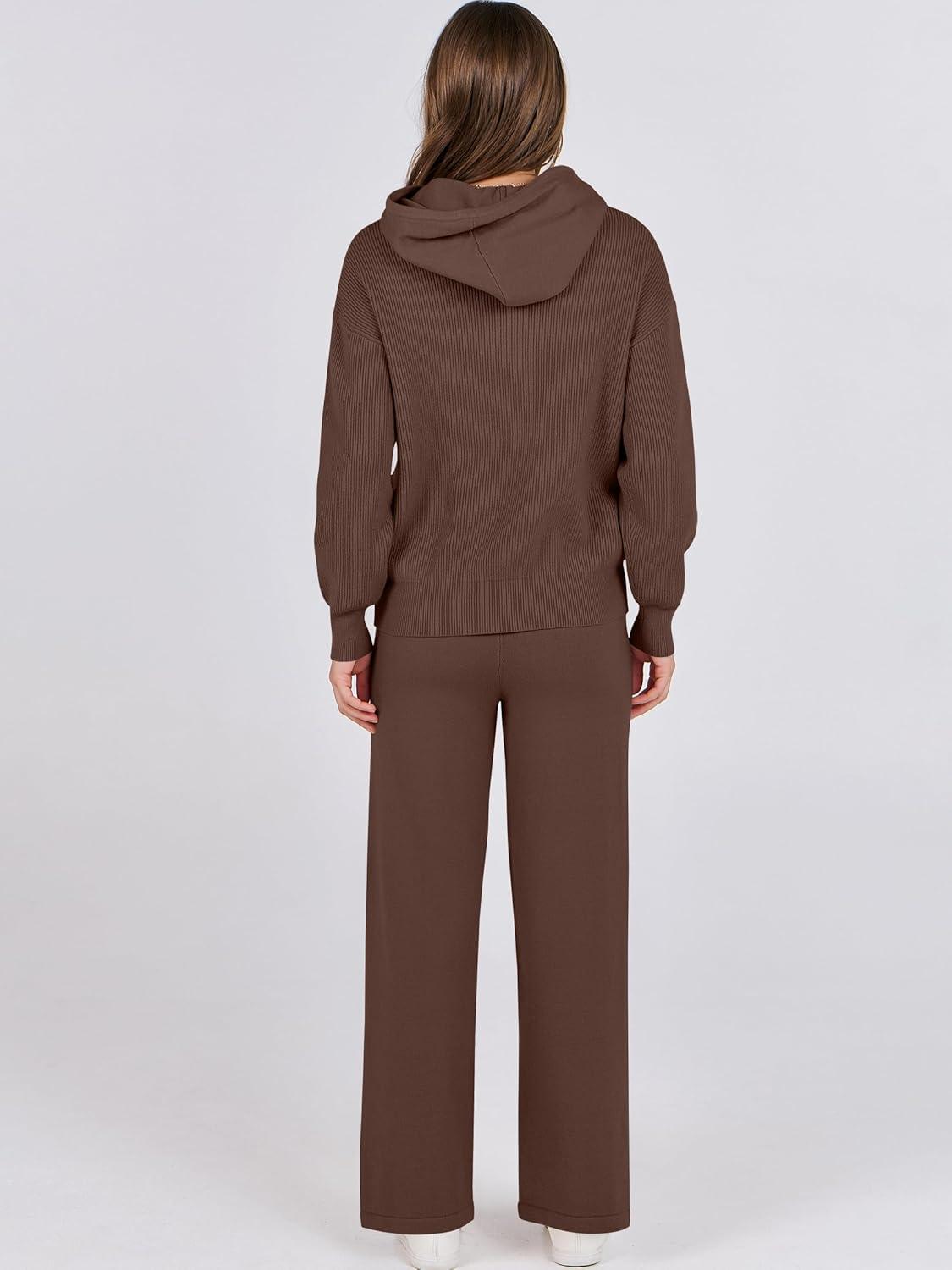 imageANRABESS Women 2 Piece Outfits Sweater Sets Loose Long Sleeve Hoodies Knit Pullover Wide Leg Pants 2025 Fall Lounge SweatsuitDeep Brown