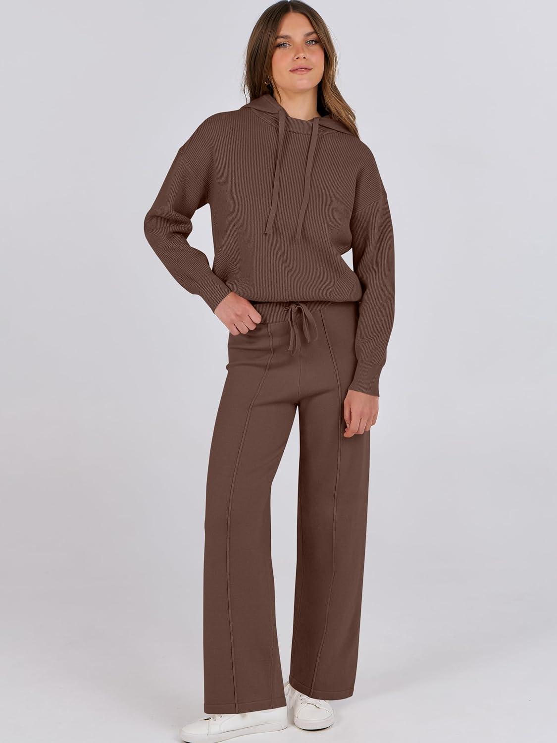 imageANRABESS Women 2 Piece Outfits Sweater Sets Loose Long Sleeve Hoodies Knit Pullover Wide Leg Pants 2025 Fall Lounge SweatsuitDeep Brown