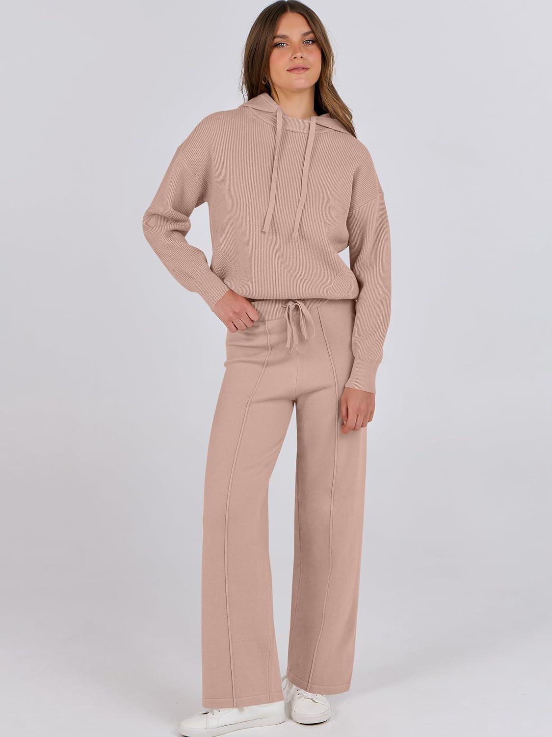 imageANRABESS Women 2 Piece Outfits Sweater Sets Loose Long Sleeve Hoodies Knit Pullover Wide Leg Pants 2025 Fall Lounge SweatsuitLight Camel