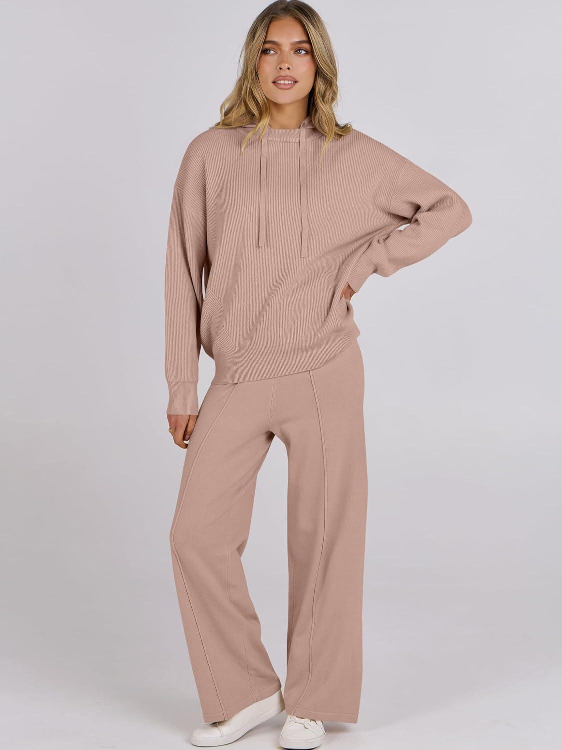 imageANRABESS Women 2 Piece Outfits Sweater Sets Loose Long Sleeve Hoodies Knit Pullover Wide Leg Pants 2025 Fall Lounge SweatsuitLight Camel