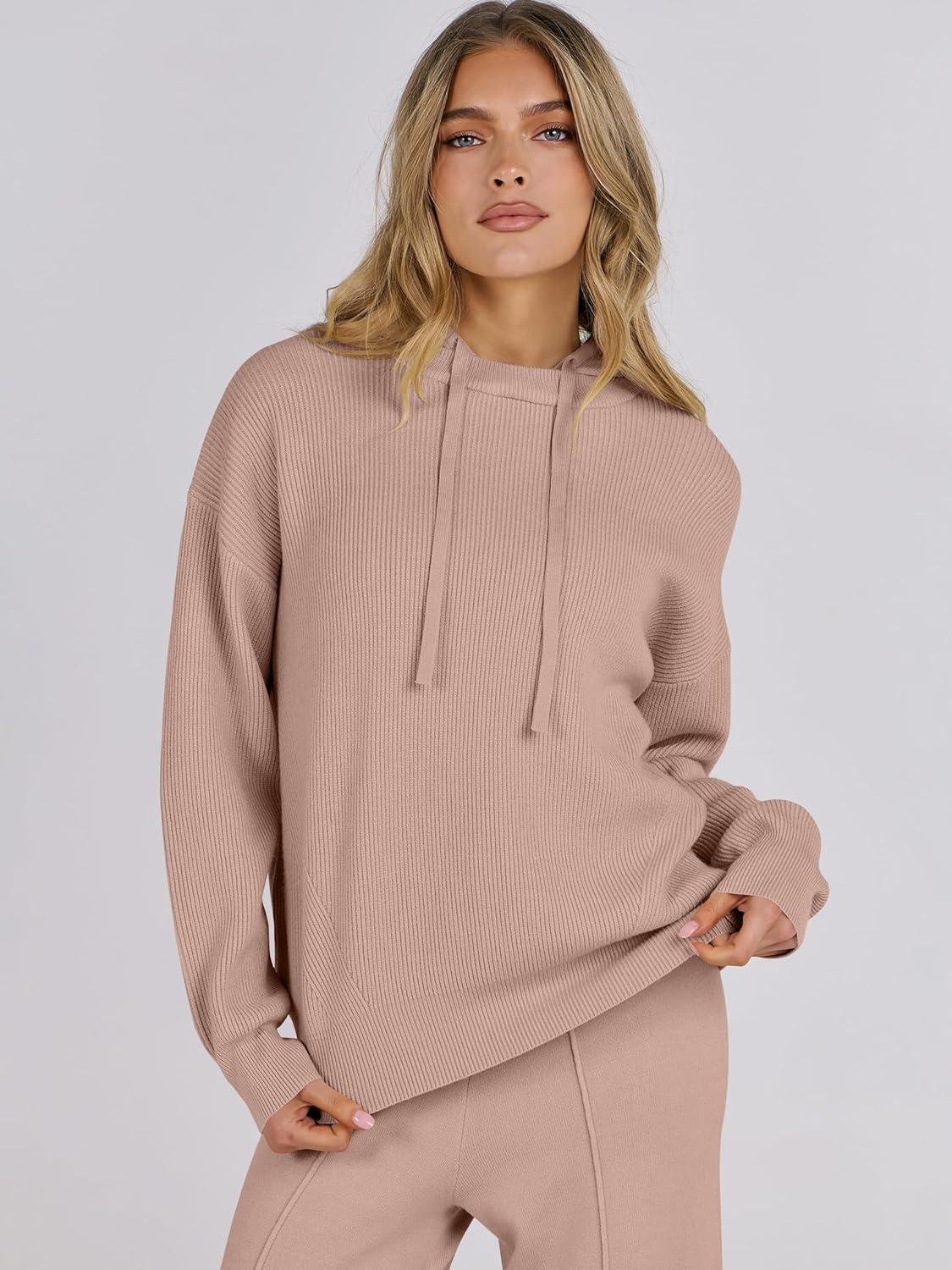 imageANRABESS Women 2 Piece Outfits Sweater Sets Loose Long Sleeve Hoodies Knit Pullover Wide Leg Pants 2025 Fall Lounge SweatsuitLight Camel