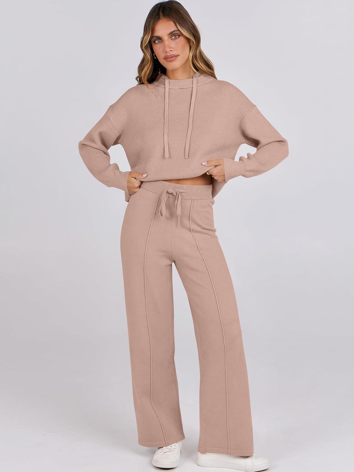 imageANRABESS Women 2 Piece Outfits Sweater Sets Loose Long Sleeve Hoodies Knit Pullover Wide Leg Pants 2025 Fall Lounge SweatsuitLight Camel