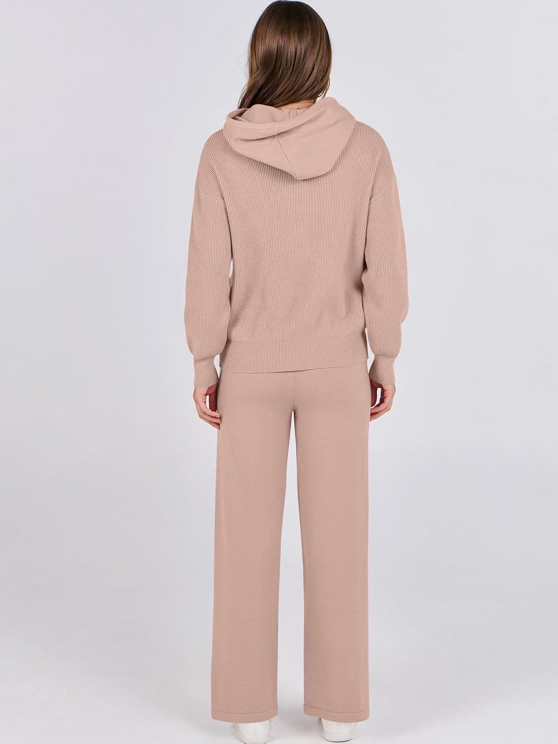 imageANRABESS Women 2 Piece Outfits Sweater Sets Loose Long Sleeve Hoodies Knit Pullover Wide Leg Pants 2025 Fall Lounge SweatsuitLight Camel