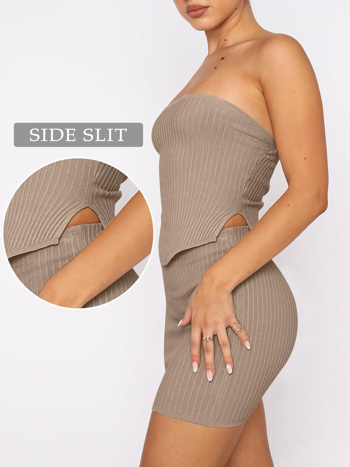 imageANRABESS Women 2 Piece Skirt Sets Summer Strapless Crop Top Matching Bodycon Sexy Going Out Mini Club Dress Outfit ClothesCamel