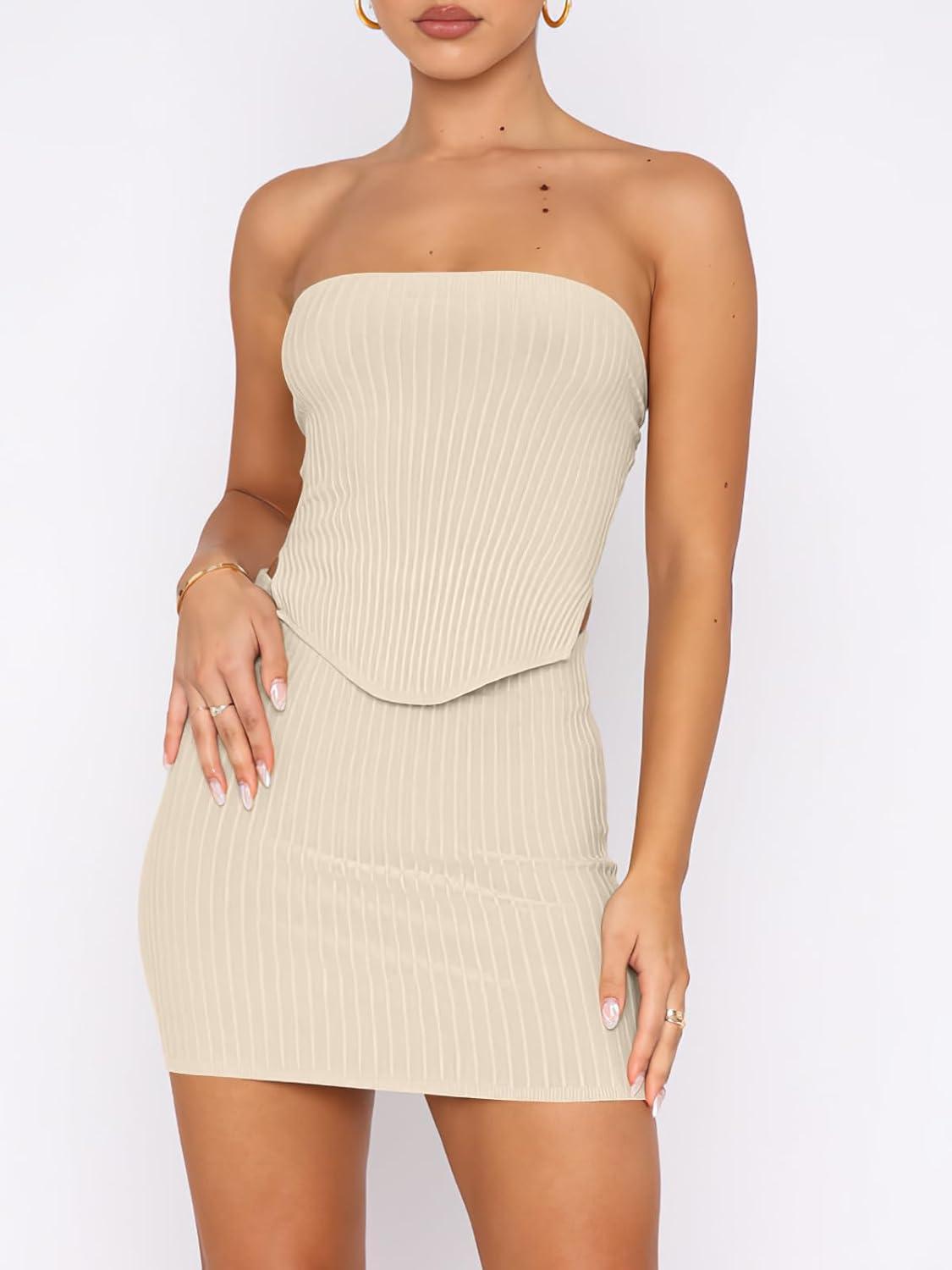 imageANRABESS Women 2 Piece Skirt Sets Summer Strapless Crop Top Matching Bodycon Sexy Going Out Mini Club Dress Outfit ClothesLight Apricot