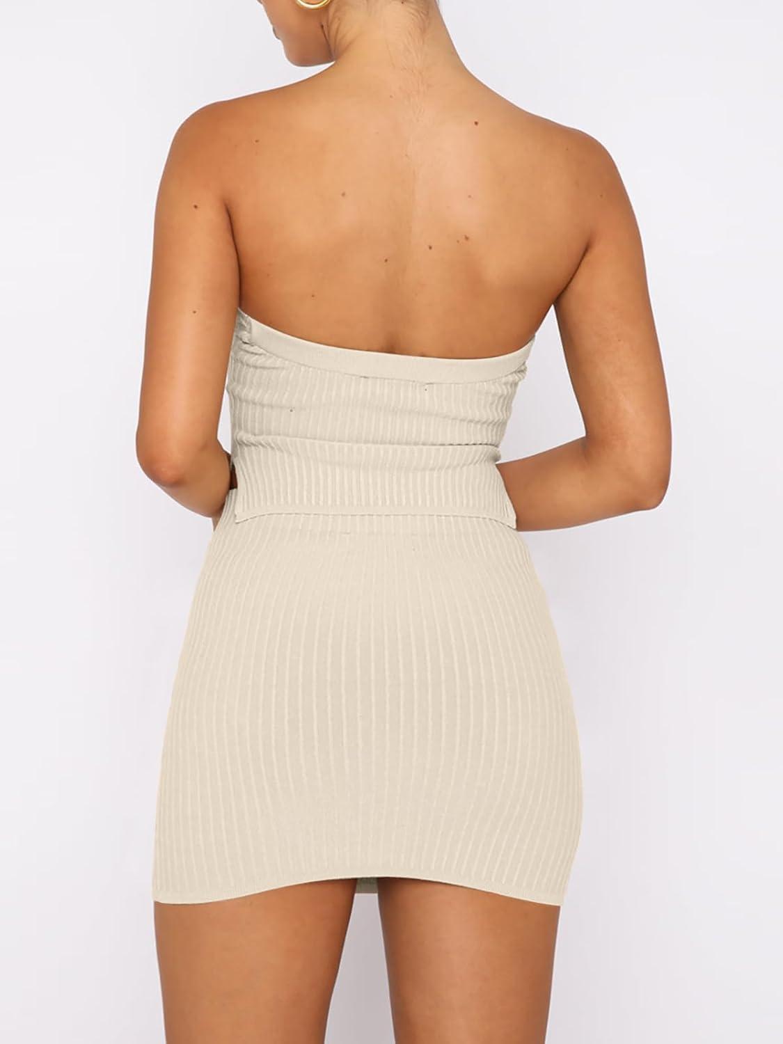 imageANRABESS Women 2 Piece Skirt Sets Summer Strapless Crop Top Matching Bodycon Sexy Going Out Mini Club Dress Outfit ClothesLight Apricot