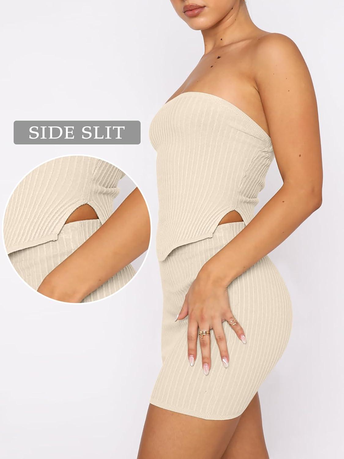 imageANRABESS Women 2 Piece Skirt Sets Summer Strapless Crop Top Matching Bodycon Sexy Going Out Mini Club Dress Outfit ClothesLight Apricot