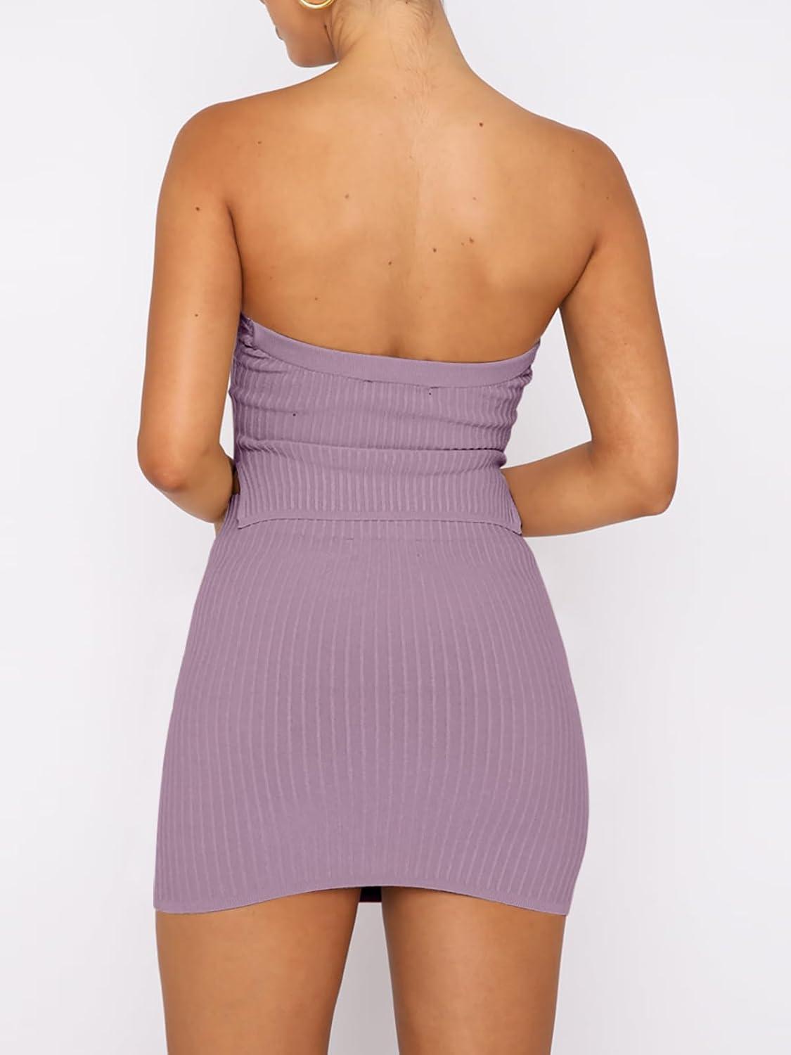 imageANRABESS Women 2 Piece Skirt Sets Summer Strapless Crop Top Matching Bodycon Sexy Going Out Mini Club Dress Outfit ClothesLight Purple