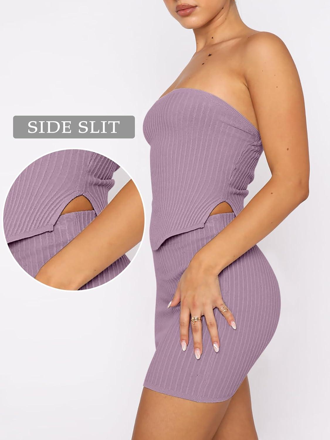 imageANRABESS Women 2 Piece Skirt Sets Summer Strapless Crop Top Matching Bodycon Sexy Going Out Mini Club Dress Outfit ClothesLight Purple