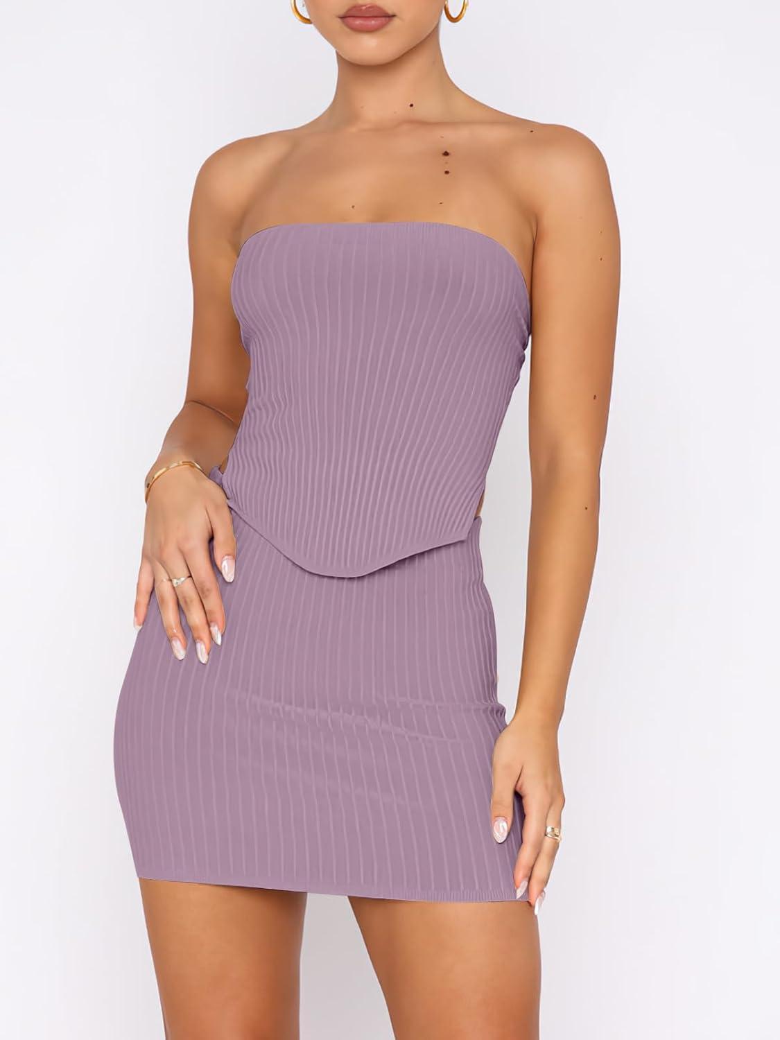 imageANRABESS Women 2 Piece Skirt Sets Summer Strapless Crop Top Matching Bodycon Sexy Going Out Mini Club Dress Outfit ClothesLight Purple