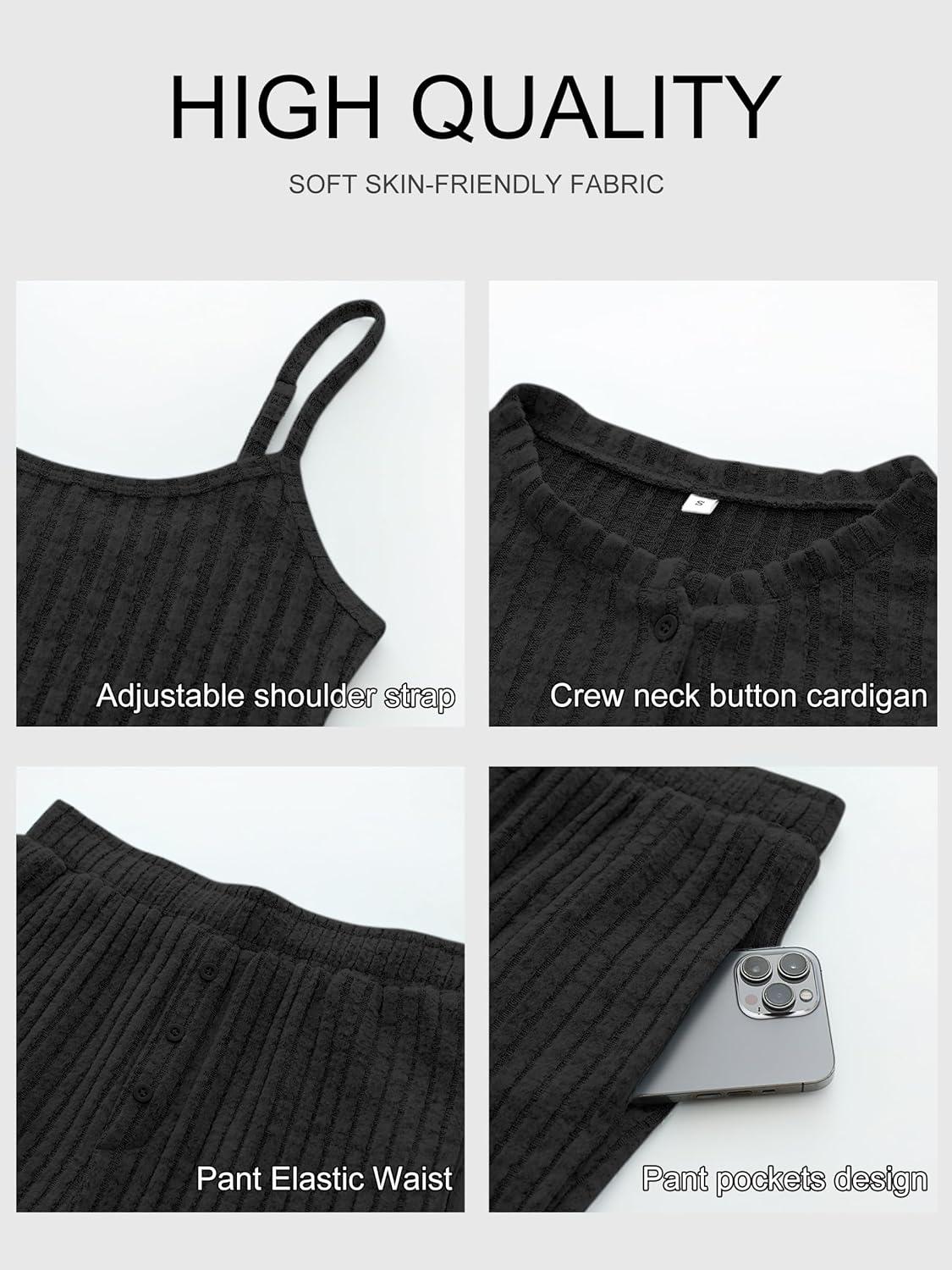 imageANRABESS Women 3 Piece Lounge Pajama Sets Knit Crop Cardigan Cami Top Wide Leg Pants 2025 Fall Outfits Comfy Matching ClothesBlack