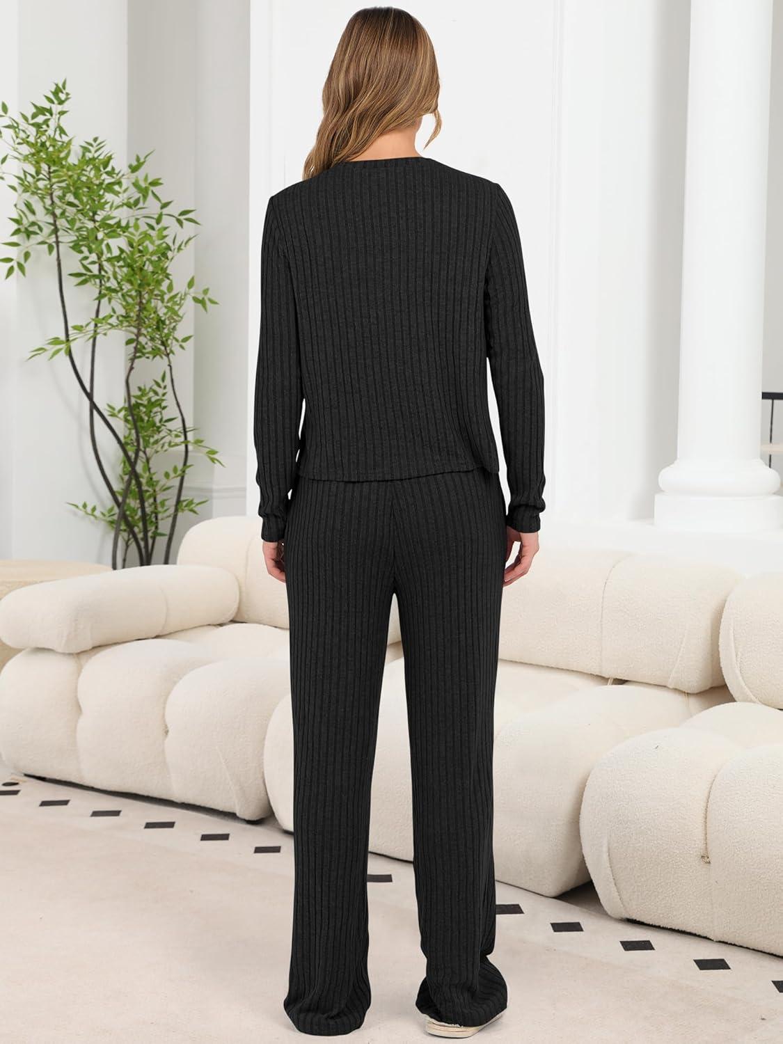 imageANRABESS Women 3 Piece Lounge Pajama Sets Knit Crop Cardigan Cami Top Wide Leg Pants 2025 Fall Outfits Comfy Matching ClothesBlack