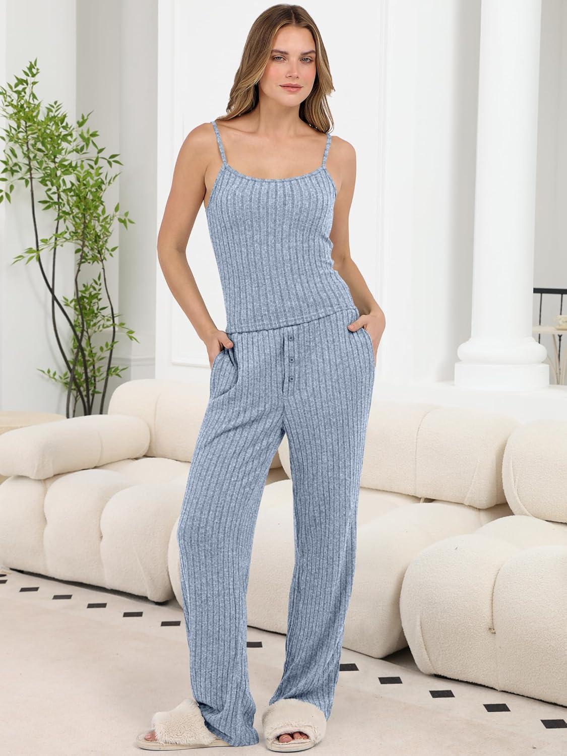 imageANRABESS Women 3 Piece Lounge Pajama Sets Knit Crop Cardigan Cami Top Wide Leg Pants 2025 Fall Outfits Comfy Matching ClothesBlue