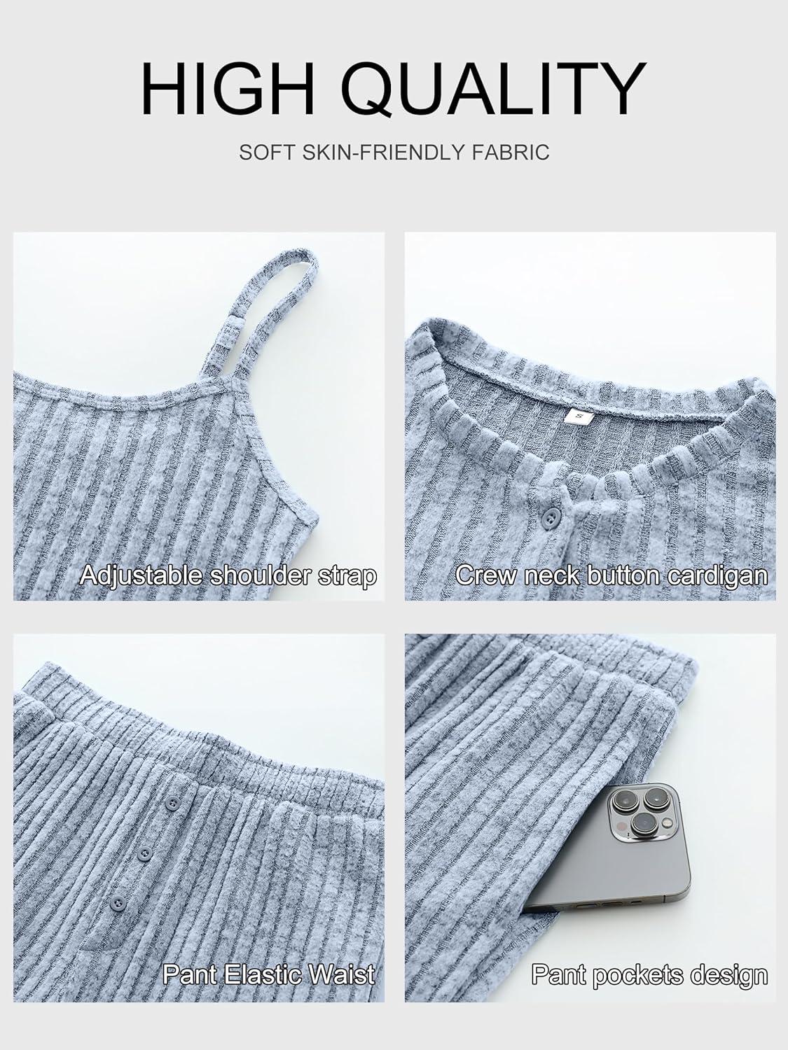 imageANRABESS Women 3 Piece Lounge Pajama Sets Knit Crop Cardigan Cami Top Wide Leg Pants 2025 Fall Outfits Comfy Matching ClothesBlue