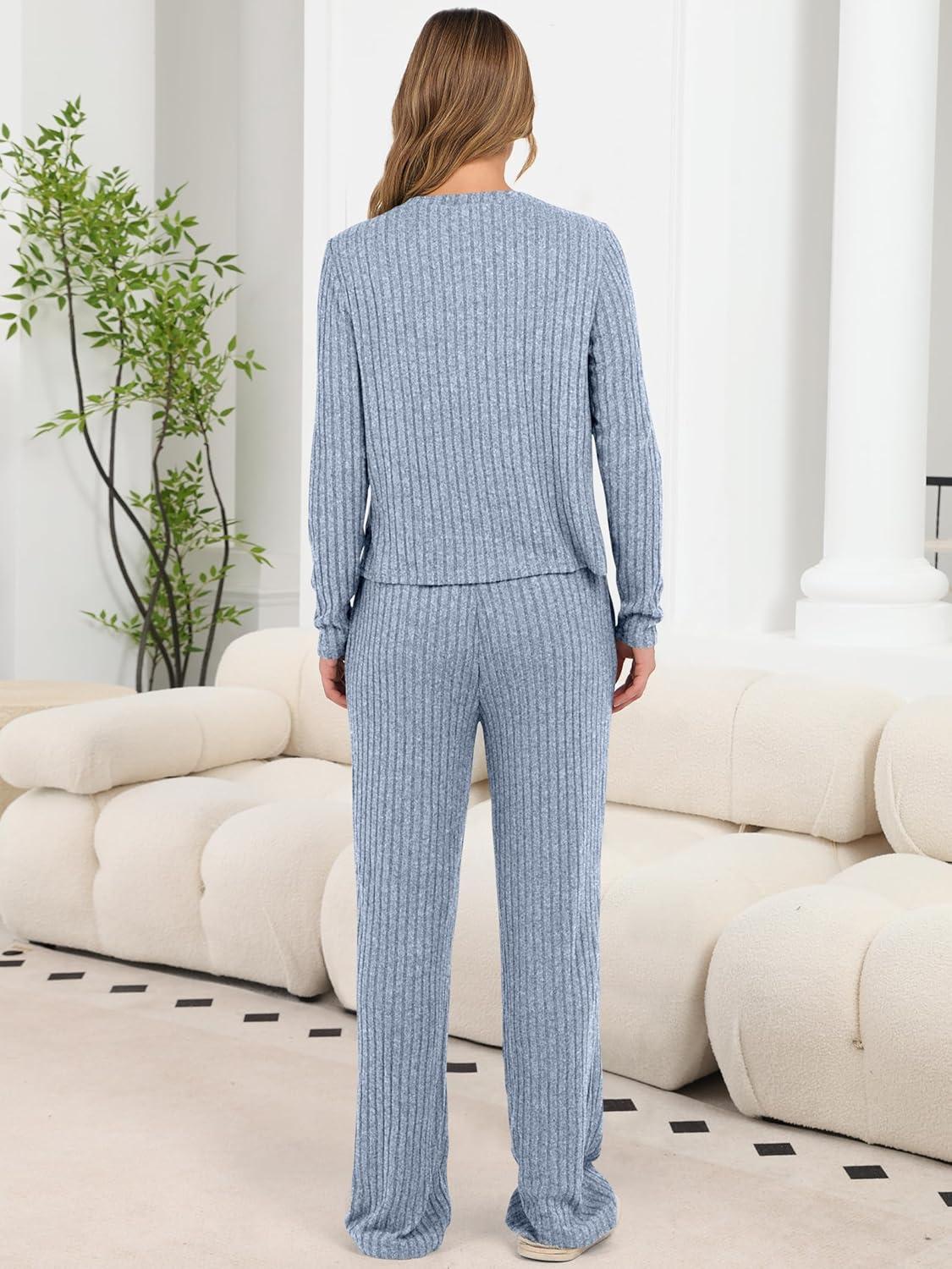 imageANRABESS Women 3 Piece Lounge Pajama Sets Knit Crop Cardigan Cami Top Wide Leg Pants 2025 Fall Outfits Comfy Matching ClothesBlue