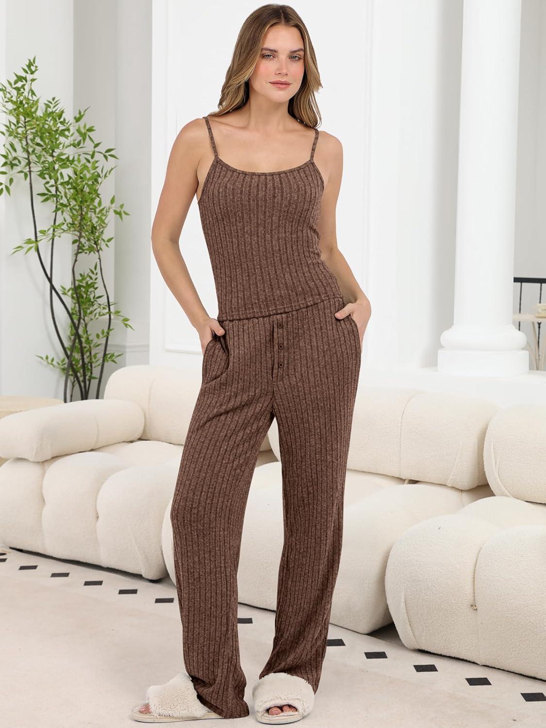 imageANRABESS Women 3 Piece Lounge Pajama Sets Knit Crop Cardigan Cami Top Wide Leg Pants 2025 Fall Outfits Comfy Matching ClothesBrown