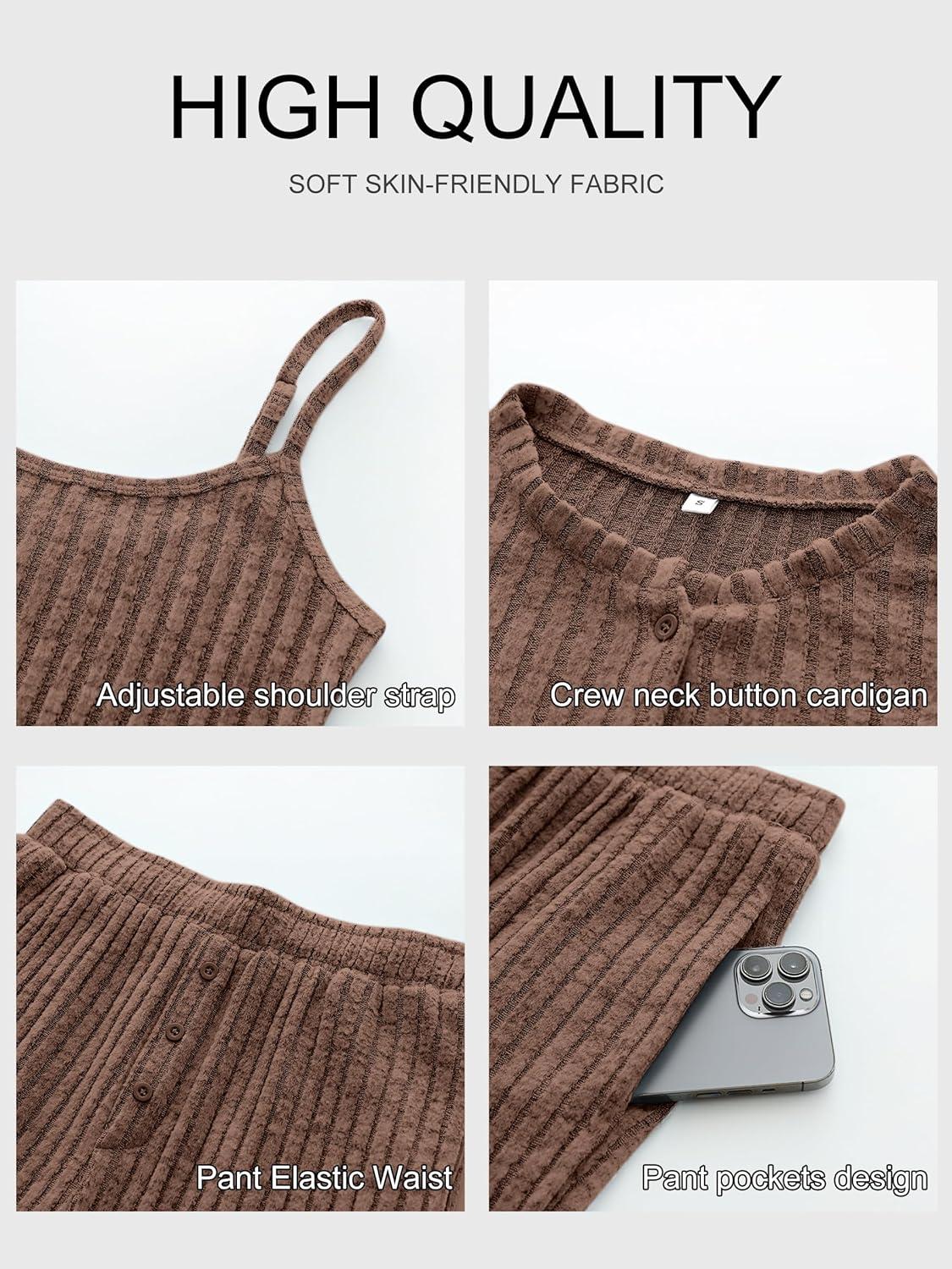 imageANRABESS Women 3 Piece Lounge Pajama Sets Knit Crop Cardigan Cami Top Wide Leg Pants 2025 Fall Outfits Comfy Matching ClothesBrown