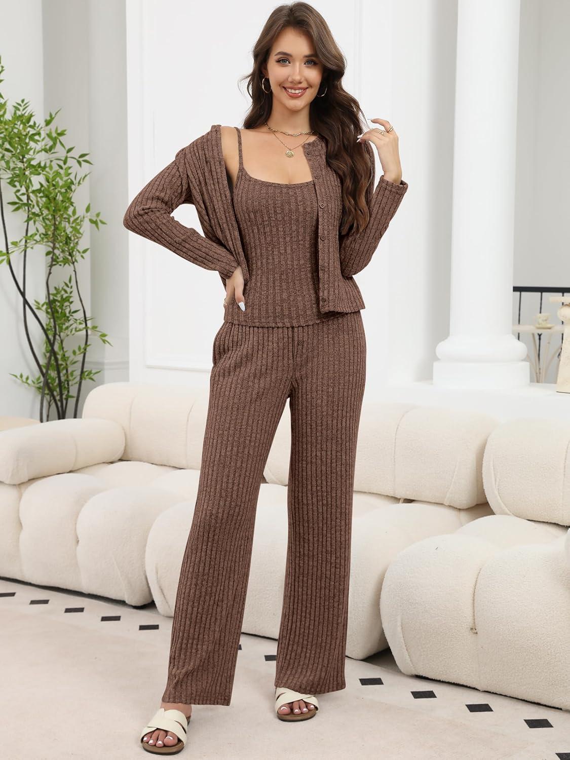 imageANRABESS Women 3 Piece Lounge Pajama Sets Knit Crop Cardigan Cami Top Wide Leg Pants 2025 Fall Outfits Comfy Matching ClothesBrown